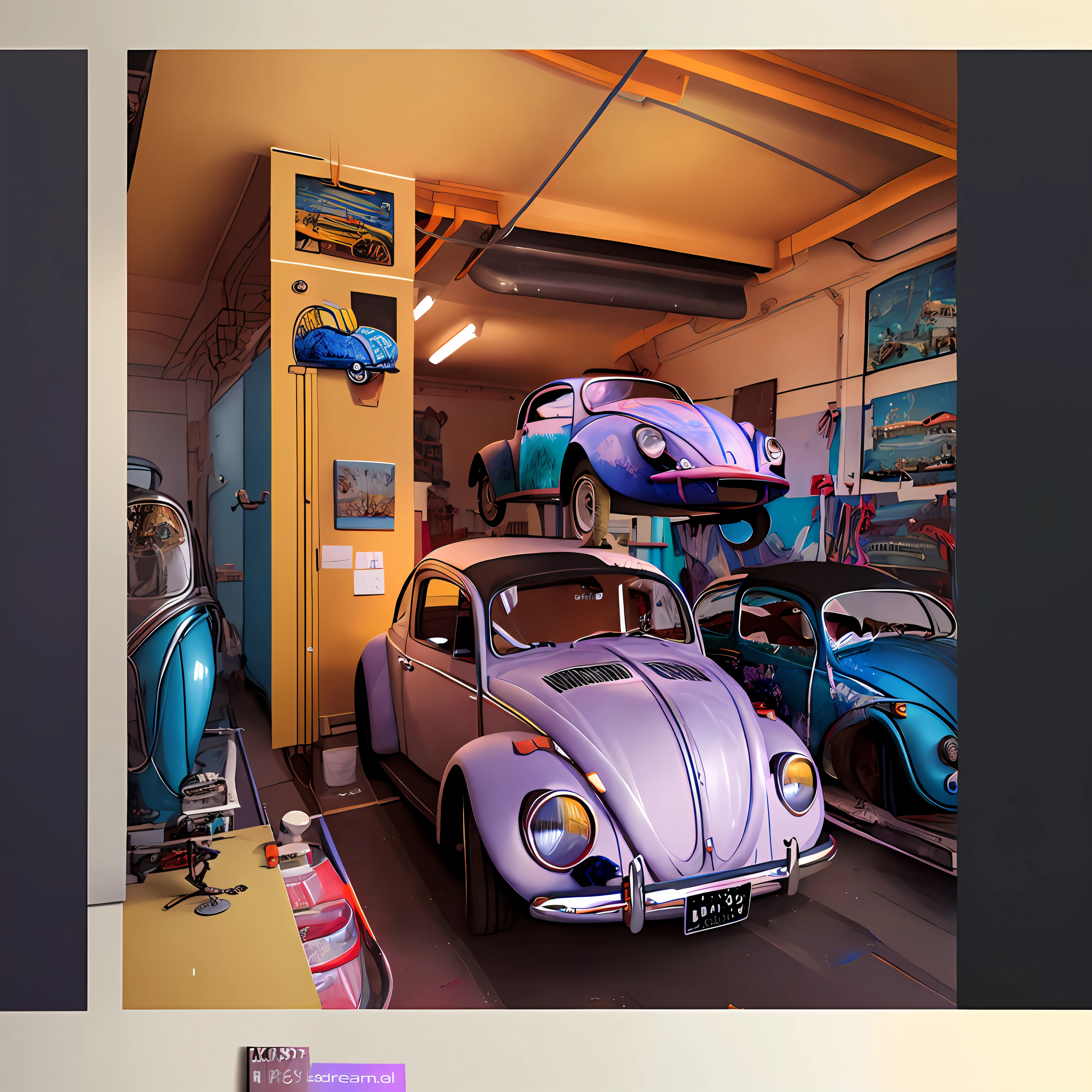there is a picture of a car on a lift in a garage, inside of a tokyo garage, beetle, illustration!, museum photoshot, vintage cars, beetles, nostalgic feeling, garage, 🦩🪐🐞👩🏻🦳, photograph taken in 2 0 2 0, cars parked underneath, hyperdetailed!, unusual composition, nostalgic 8k, vintage color