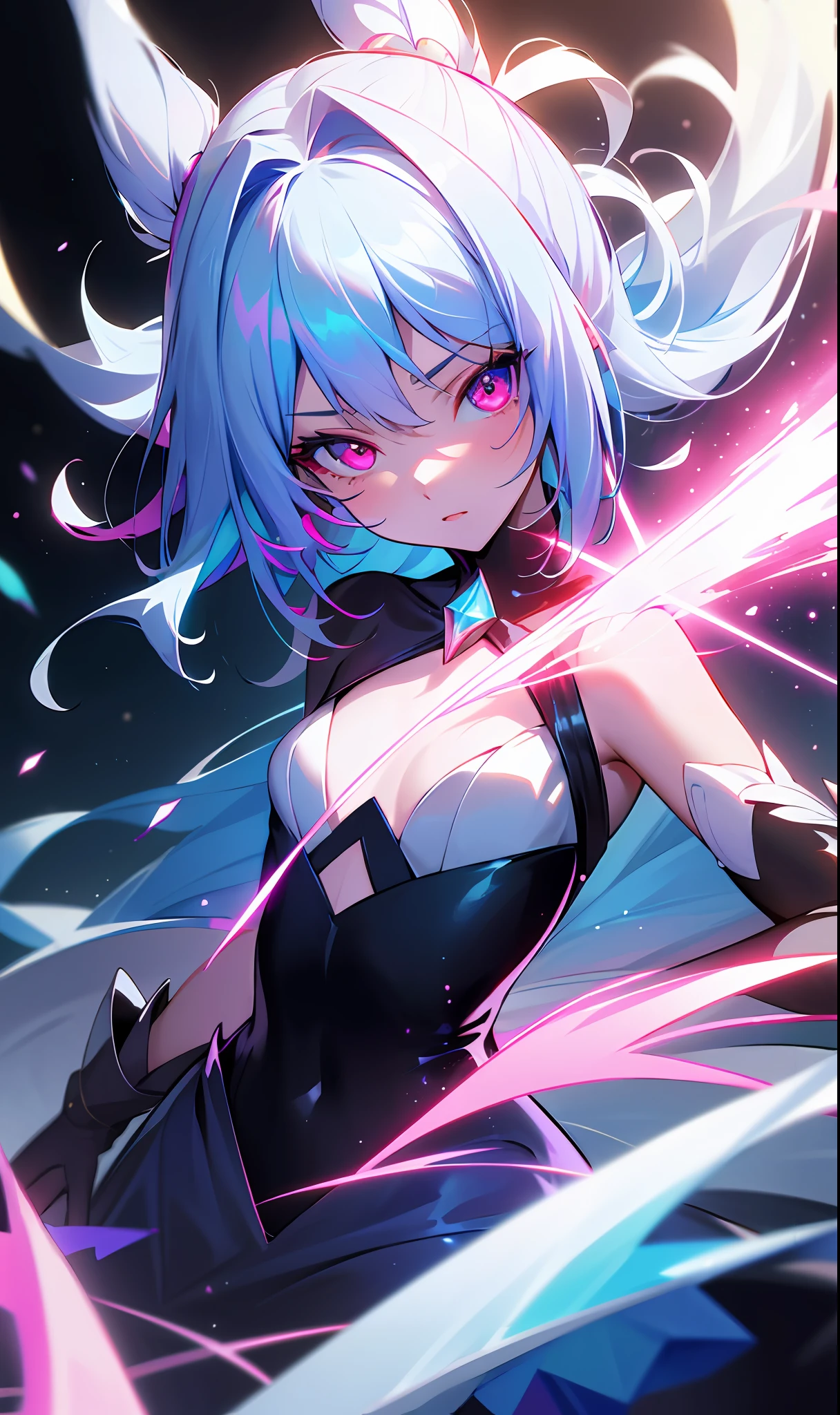 (fine, sharp images, super resolution, extremely amazing detail, awesome detail), subsurface scattering, masterpiece, best quality, high quality, 1girl, solo, bust, prism eye, prism hair, prism, serious, [silver|white] + (blue: -0.3) hair, blue + red eyes, gradient eyes, multicolored eyes, calm, small breasts, evening dress, short gloves, glowing eyes, glowing white particles, glitter, bloom, fantasy, cave,