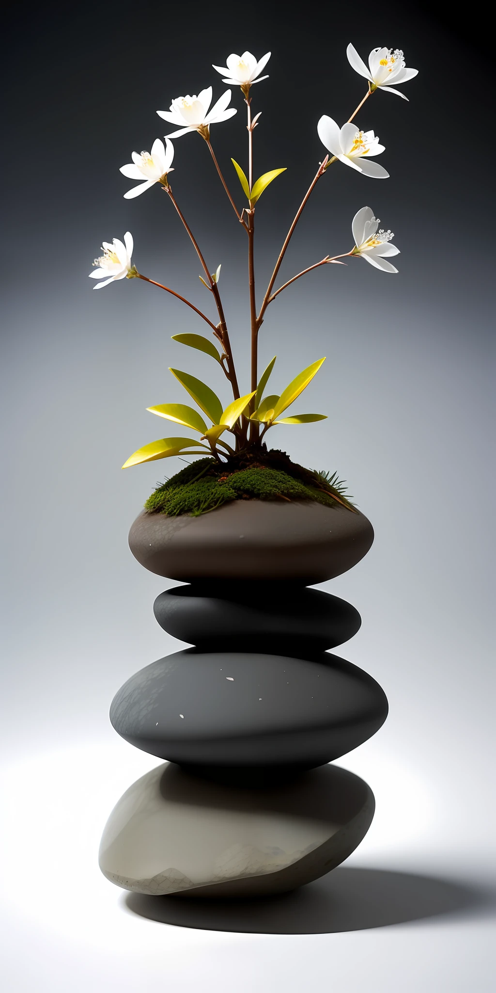 Plants, Snowflakes (Food Bar), Still Life, Winter, Peach Blossoms, Rock Garden, Bonsai Fog, Haze, Fine Details, Ultra Fine Details, Intricate Details, Film Style, Surrealist Soft Light, Studio Lighting, Diffuse Soft Light, Shallow Depth of Field, Sharp Focal Cluster, Ray Tracing, Subsurface Scattering, Ultra-detailed (Complex, Detailed, Ultra-Refined) Detail, Surrealism.