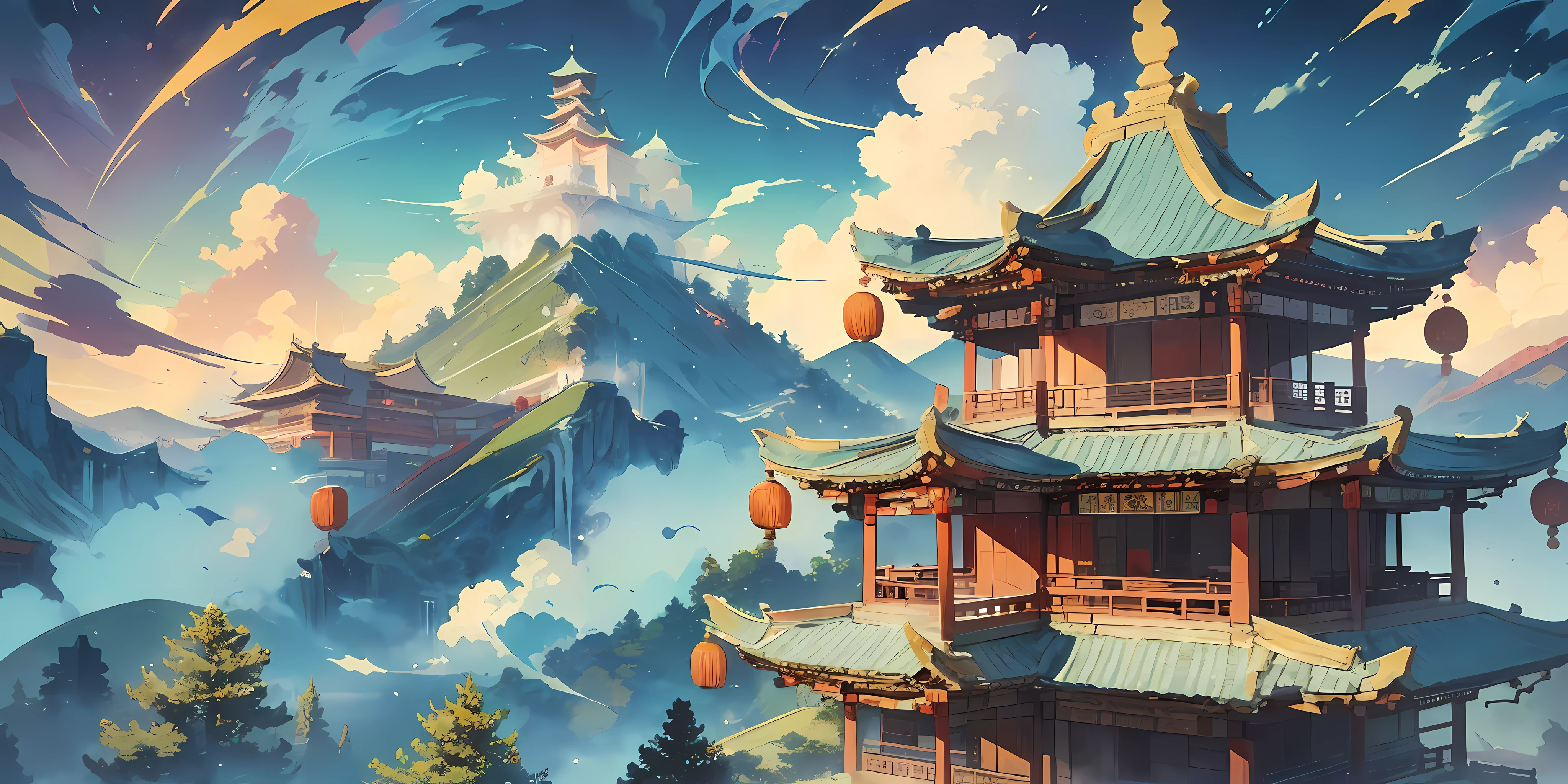 The game scene, the ancient Chinese palace is located above the clouds, surrounded by clouds and mist, majestic, glazed tiles, Buddha sitting on the horizon, colorful, ((color ink)),((splash ink)) ,((splash ink) ink} ) ) , masterpiece, High quality, nice graphics, high detail