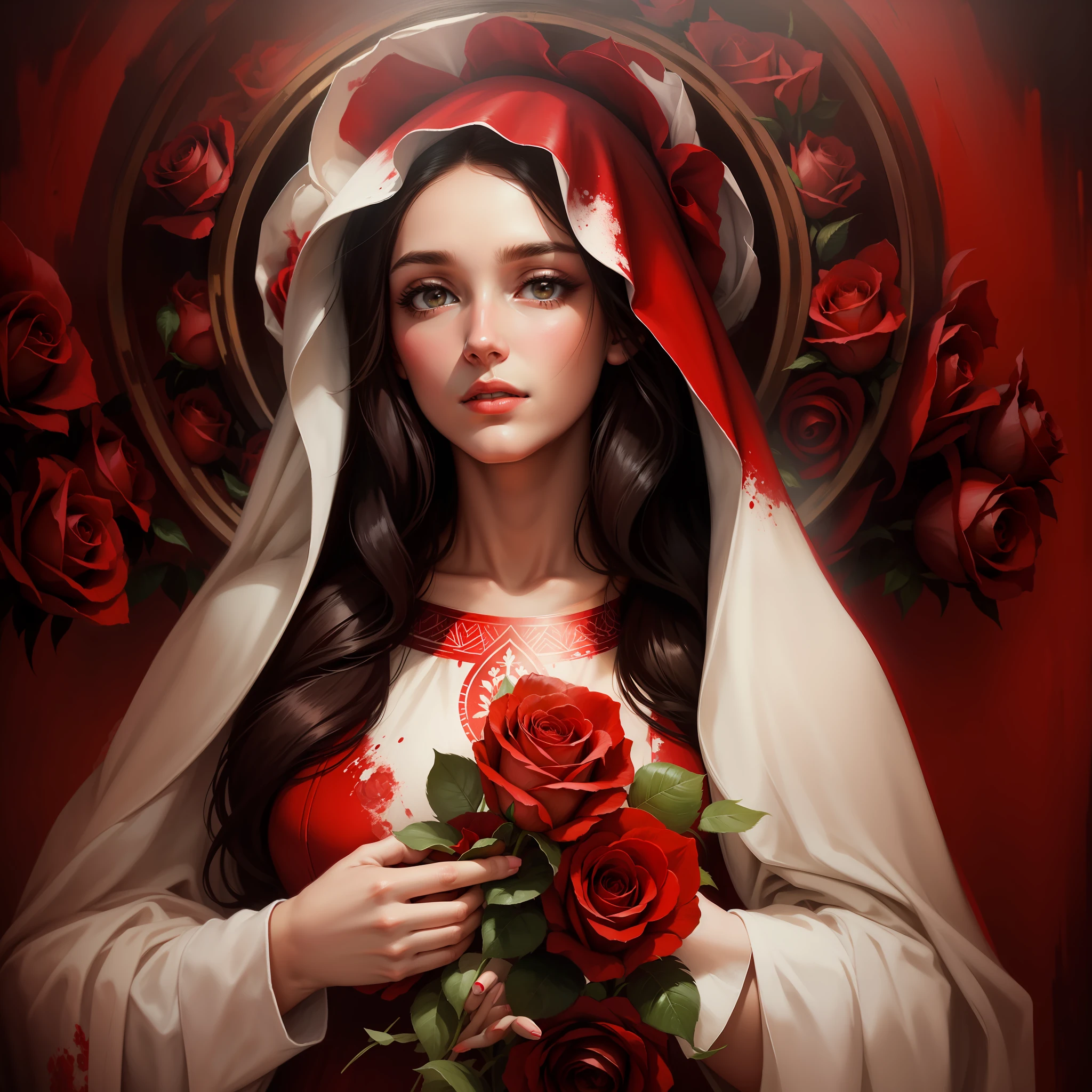 Mother of Jesus Christ, beautiful with red roses in her hand (painting pressed)