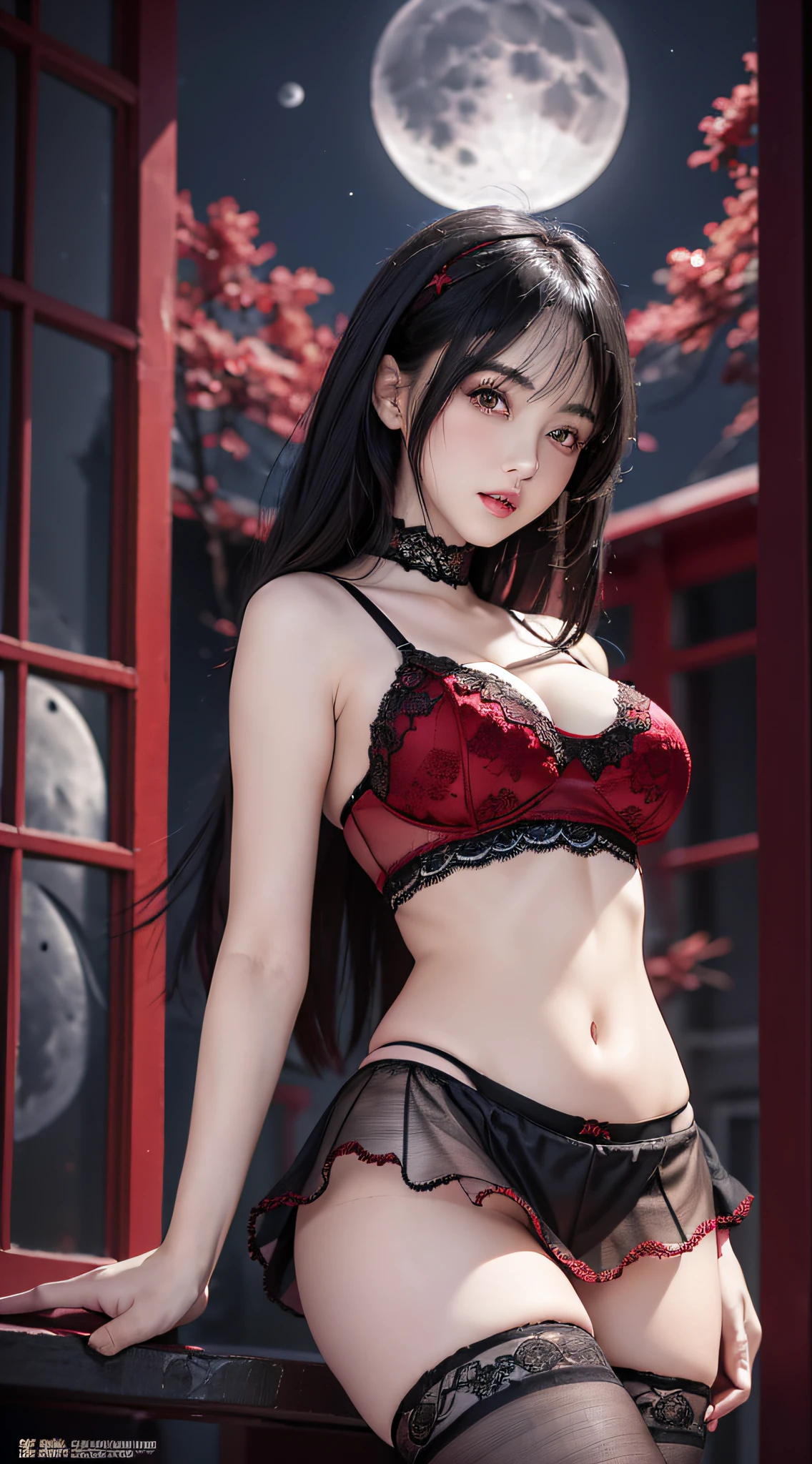 Realistic, one girl, (black hair), dark eyes, shining eyes, (red lace crop top), (breasts revealed), red lace miniskirt, ((showing panties)), parted lips, blush, ((night)), ((moon)), ((moonlight)),