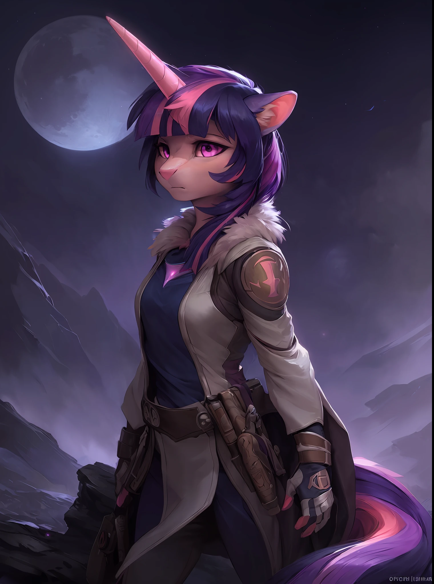 uploaded on e621, by Pixelsketcher, by Bayard Wu, by Thomas Benjamin Kennington, by Einshelm, solo (((wildlife feral))) (((twilight sparkle))) with ((neck tuft)) and (fluffy tail) and ((clear navy pink eyes)), (( portrait)), BREAK, ((wear jedi suit)), (detailed Chunie purple pony unicorn), (detailed Bonifasko lighting), (detailed fur), (detailed skin), BREAK, ((standing on the top of a mountain n full moon night)), (cinematic lighting), ((detailed background)), (((full view))), (half body shadow), [backlighting], [crepuscular ray], [detailed ambient light], [gray natural lighting], [ambient light on the belly], (higher wildlife feral detail), [realistic proportions], [explict content], [sharp focus], (questionable content), (shaded), ((masterpiece)), BREAK