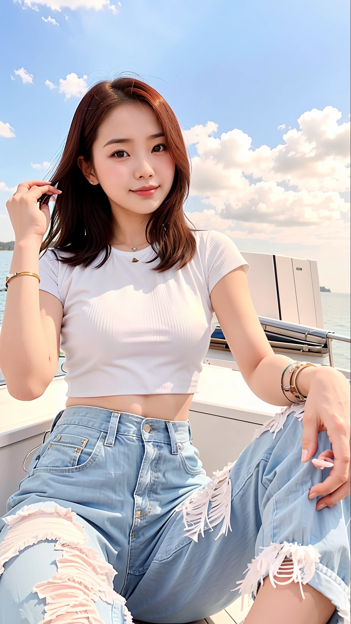 a close up of a woman sitting on a boat in the water, dilraba dilmurat, chinese girl, korean girl, young and cute girl, gorgeous young korean woman, gorgeous chinese model, wearing a cute top, beautiful south korean woman, wearing a cropped tops, wearing casual clothes, wearing crop top, wearing a sexy cropped top, a cute young woman, cleavage there, round breasts, sweet smile