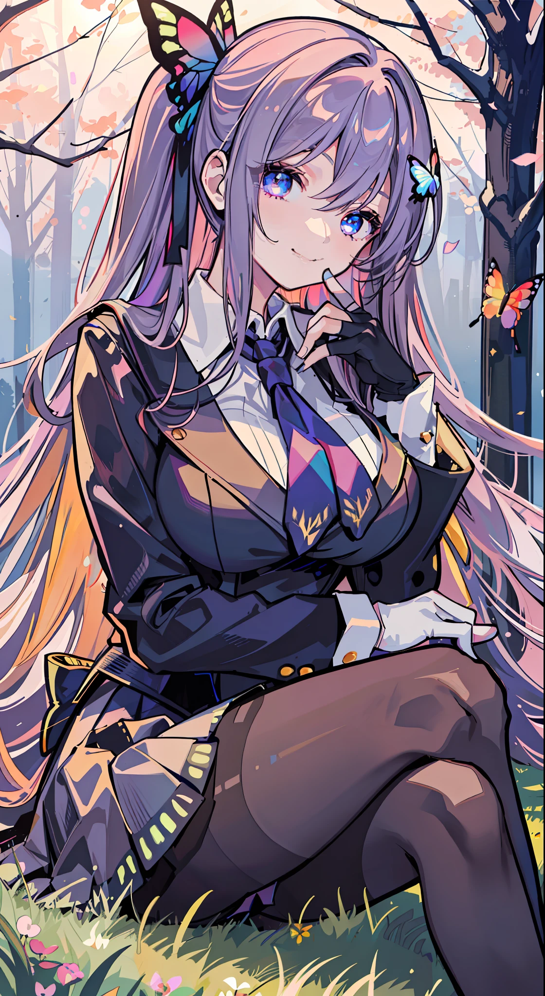 masterpiece, best quality, against backlight at dusk, in a meadow, girl, very long hair, beautiful detailed eyes, gradient_eyes, looking at viewer, half-closed eyes, seductive smile, huge , school uniform, hair_ribbon, white pantyhoingerless_gloves, hand on hip, sitting, multi-tied hair, butterfly harnament,
