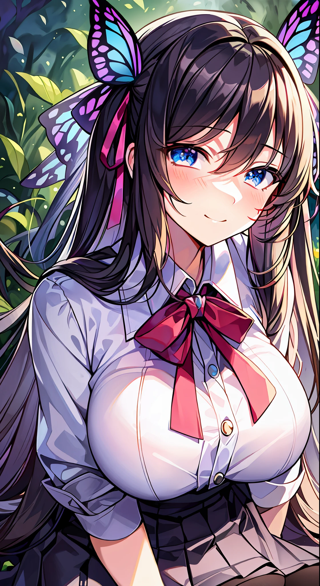 masterpiece, best quality, against backlight at dusk, in a meadow, girl, very long hair, beautiful detailed eyes, gradient_eyes, looking at viewer, half-closed eyes, seductive smile, huge breasts, school uniform, hair_ribbon, white pantyhose, fingerless_gloves, hand on hip, sitting, multi-tied hair, butterfly hair ornament,