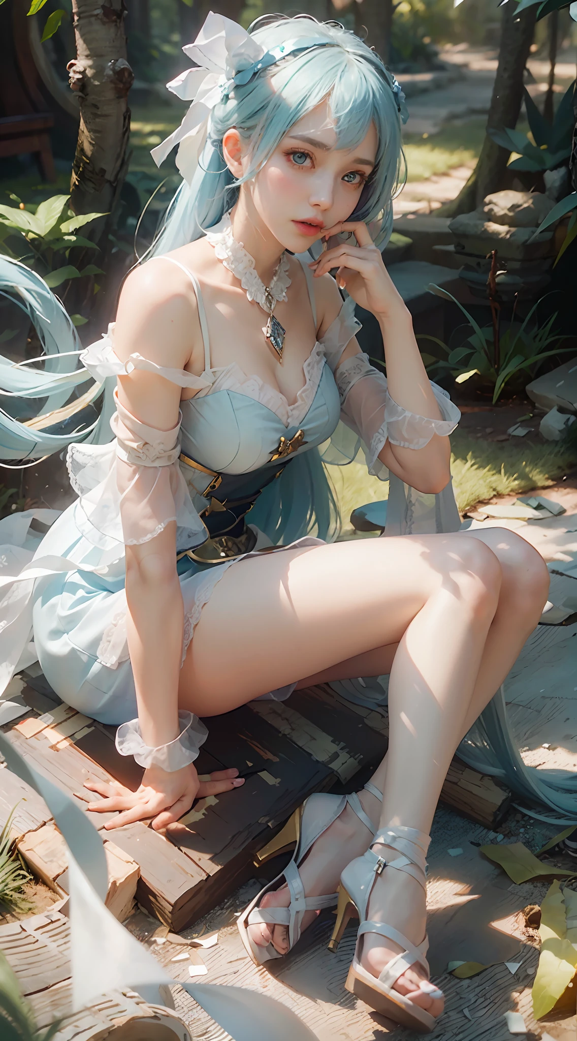 ((Best Quality)), ((Masterpiece)), (Details: 1.4), 3D, A Beautiful Beauty, (Long Light Blue Hair, Ribbon: 1.9), (Plain White Long Dress: 1.7), (Crystal High Heels: 1.6) (Green Eyes: 1.5), HDR (High Dynamic Range), Ray Tracing, NVIDIA RTX, Super-Resolution, Unreal 5, Subsurface Scattering, PBR Textures, Post-processing, Anisotropic filtering, depth of field, maximum sharpness and sharpness, multi-layer textures, albedo and specular mapping, surface shading, accurate simulation of light-material interactions, perfect proportions, Octane Render, bicolor light, large aperture, low ISO, white balance, rule of thirds, 8K RAW,
