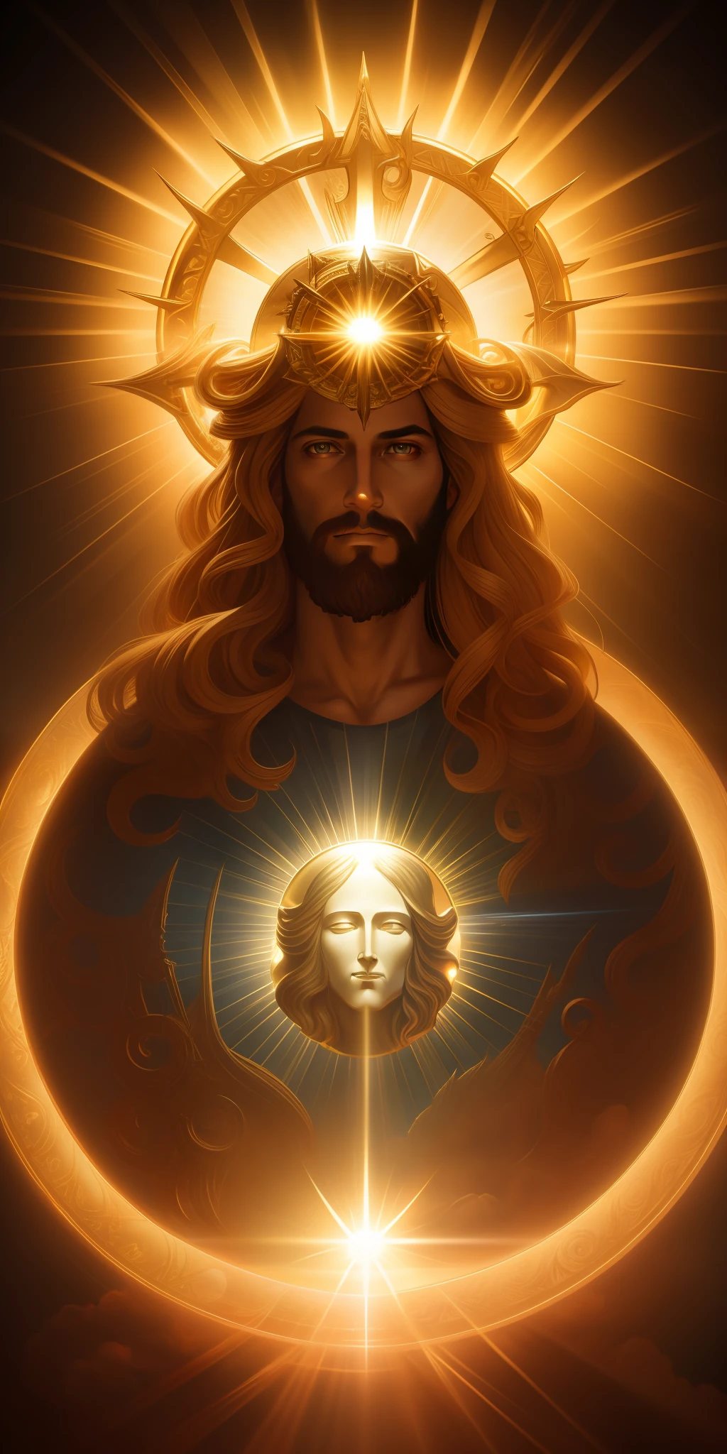 highly detailed portrait of a jesus christ sun god halo of light, gold, unreal engine, art by mark ryden, lostfish, earl norem, global illumination, god rays, detailed and intricate environment, elden ring style