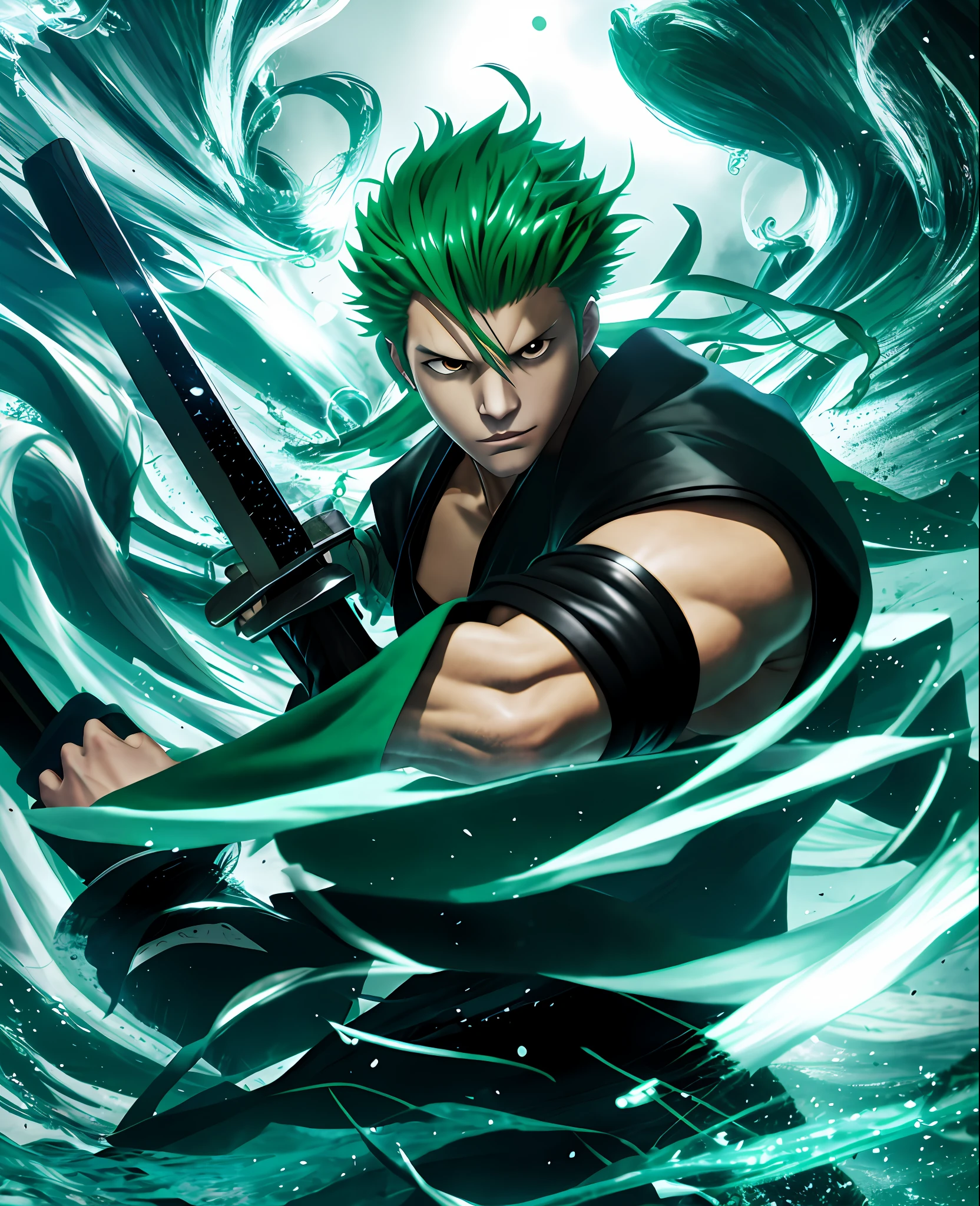 anime character with green hair holding a sword in the water, roronoa zoro, badass anime 8 k, 4 k manga wallpaper, handsome guy in demon slayer art, anime epic artwork, 4k anime wallpaper, anime style 4 k, anime wallpaper 4 k, anime wallpaper 4k, clean detailed anime art, ross tran 8 k, ross tran style