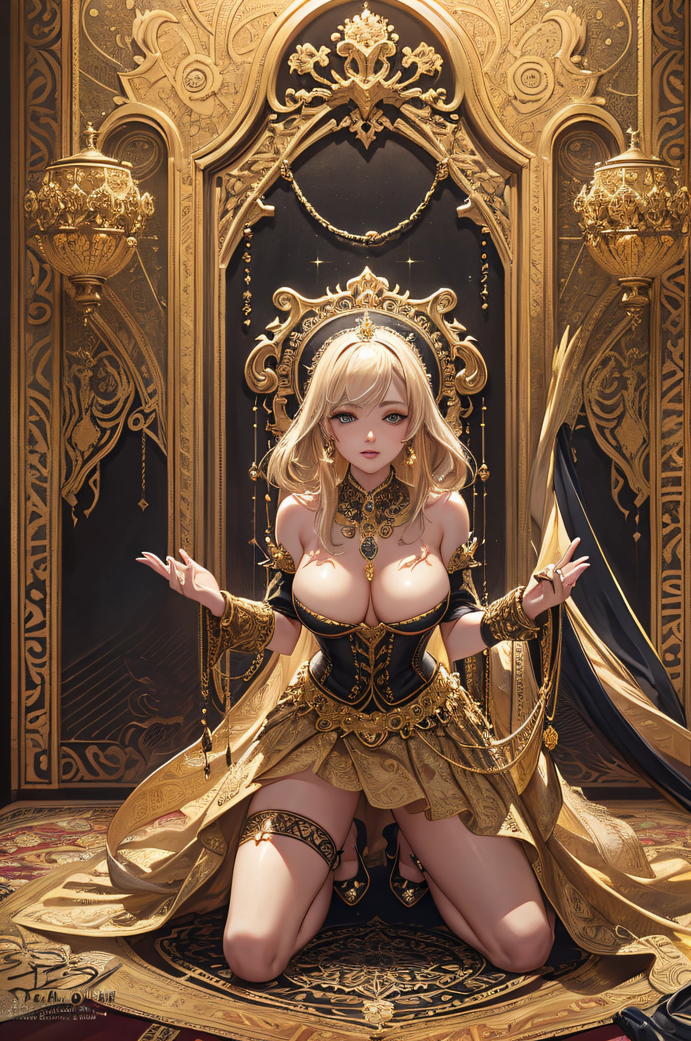 The huge golden throne, Gold carved throne: 1.5, golden steps, noble queen sitting on a high throne, full body: 1.5, beautiful, perfect face, perfect legs, huge crown, cleavage, jewelry, large necklace, gold carved throne, wearing gold stiletto heels: 1.5, luxurious, gorgeous, 3 beautiful slave girls kneeling on the ground, 1 slave girl on the left, 2 slave girls on the right, full body, wearing a transparent skirt, wearing stiletto heels, kneeling at the feet of the empress, kneeling on the steps, intricate patterned steps, complex corset, no shoulder straps, stiletto heels, kneeling on the ground, kneeling on the ground, jewelry, lots of jewelry, full body jewelry, royal palace, tyndall light effects, gorgeous gold silk carpet and silk, winding, high resolution, official art, unified 8k wallpaper, super detailed, beauty and aesthetics, masterpiece, best quality, (zentangle, mandala, tangled, entangled), (fractal art: 1.3), 1girl, very detailed, dynamic angle, cowboyshot, most beautiful forms chaotic, elegant, fauvist design, bright colors, romanticism, James Jean, Robbie Devi Antono, Ross Tran, Francis Bacon, Michal Mlaz, Adrian Ganey, Petra Cortwright, Gerhard Richter, Takashi Yamamoto, Ashley Wood, atmospheric, ecstatic notes, flow notes visible