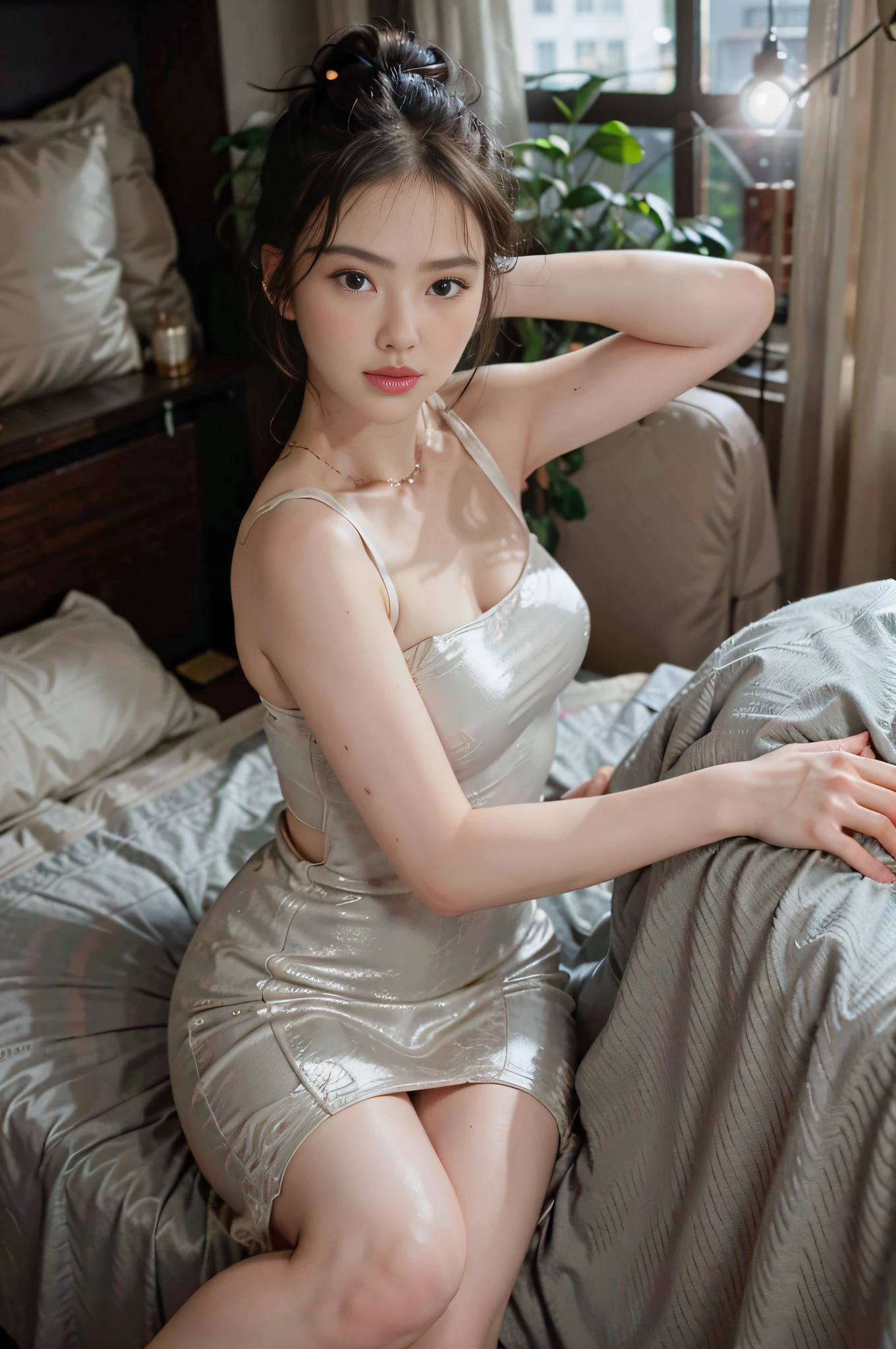 （space_buns_hairstyle：1.3），Woman poses for a photo，Bare legs，FULL-body shooting，Wear a shoulder-length dress，Holding a pillow
expert，8k，high resolusion，a masterpiece，Bestquality，head：: 1 girl，（（Hasselblad Photography）），Delicate skin，crisp focus，（cinematic Lighting），at nighttime，Soft lighting，dynamic angle，[:(pubic detail：: 1 girl）：0.2 Maidens]，（（（Sitting on the bed））），