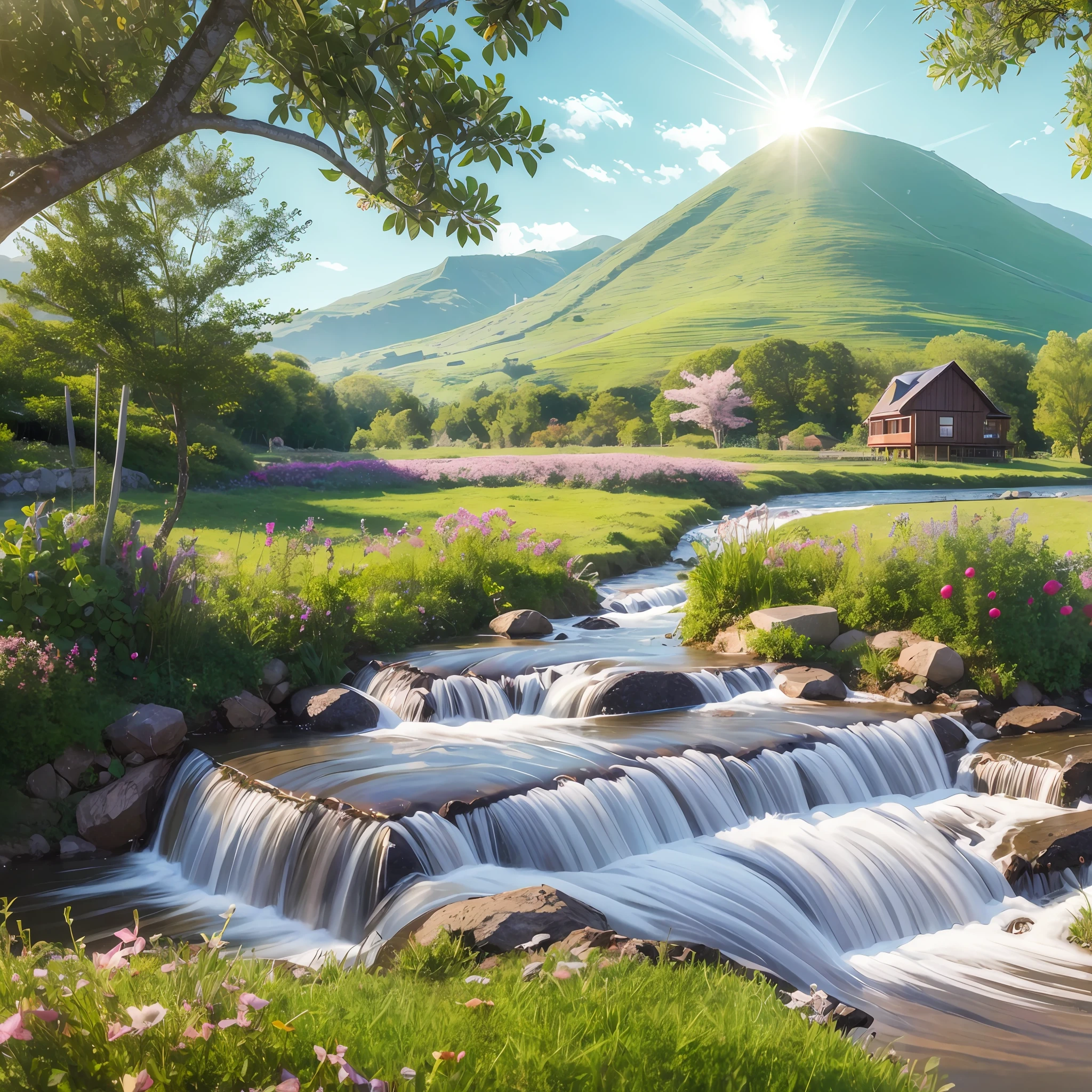 Apple, green mountain, water flow, small house, realistic, beautiful landscape, river light --auto --s2