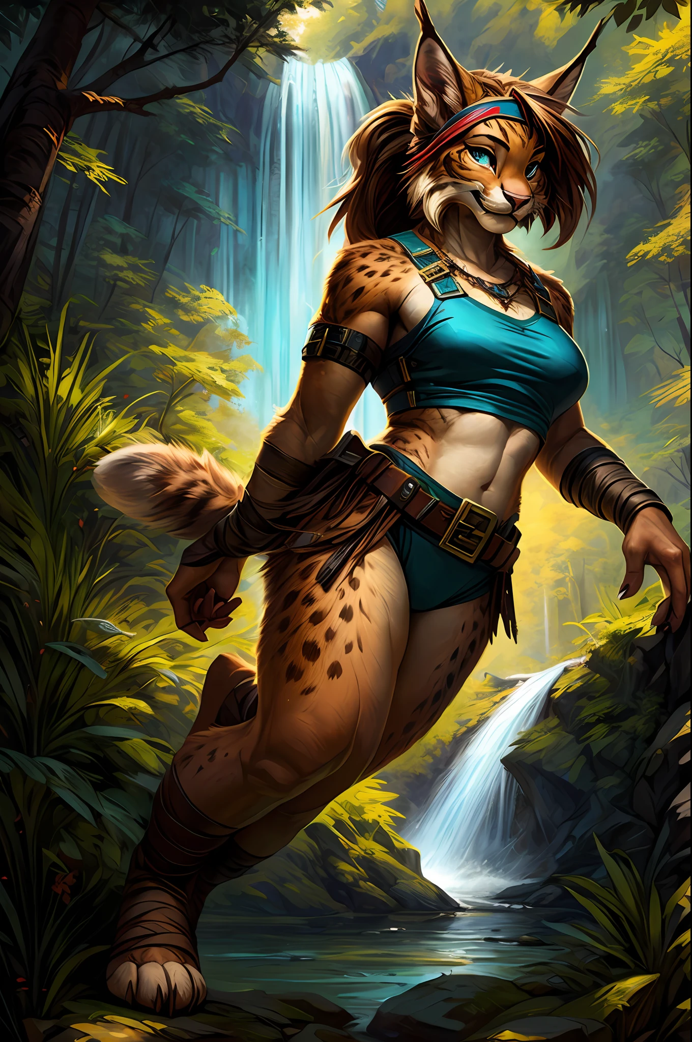 uploaded on e621, by Pixelsketcher, by Bayard Wu, by Thomas Benjamin Kennington , by Einshelm,  (by Kenket),  (realistic:1.2),  real life, shadow, jade the bobcat, lynx, female, furry anthro, cat ears, red headband, pink nose, (detailed clear aqua eyes),  fangs, beige brown hair, fringe, ponytail, light tan body, strap around biceps, neck fur tuft, ((brown breast belt with buckle)), ((white and red crop top)), brown weave belt, light tan thong, white bandaged hands, white bandaged arms, ((thigh knife strap)), bandaged ankles, ((portrait)), BREAK,
standing seductively, dynamic pose, camel toe, (bobcat tail), (detailed Bonifasko lighting), (fluffy fur), (detailed fur), (detailed skin),
camel toe, (smirk:1.1), BREAK,
masturbation, cinematic lighting, ((detailed forest background, waterfall, hills, tree)), wide angle view, (half body shadow:1.3),
[backlighting], [[crepuscular ray]], [detailed ambient light], [gray natural lighting], [ambient light on the belly], (higher wildlife feral detail), outdoors, ocean view and beach,BREAK,
[realistic proportions], [sharp focus], (questionable content), (shaded), ((masterpiece))