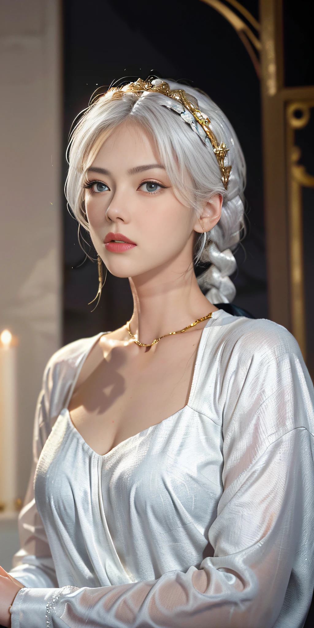 best quality, masterpiece,white hair, gold eyes,white clothes, looking up, upper body,hair strand,Fair skin,side braids