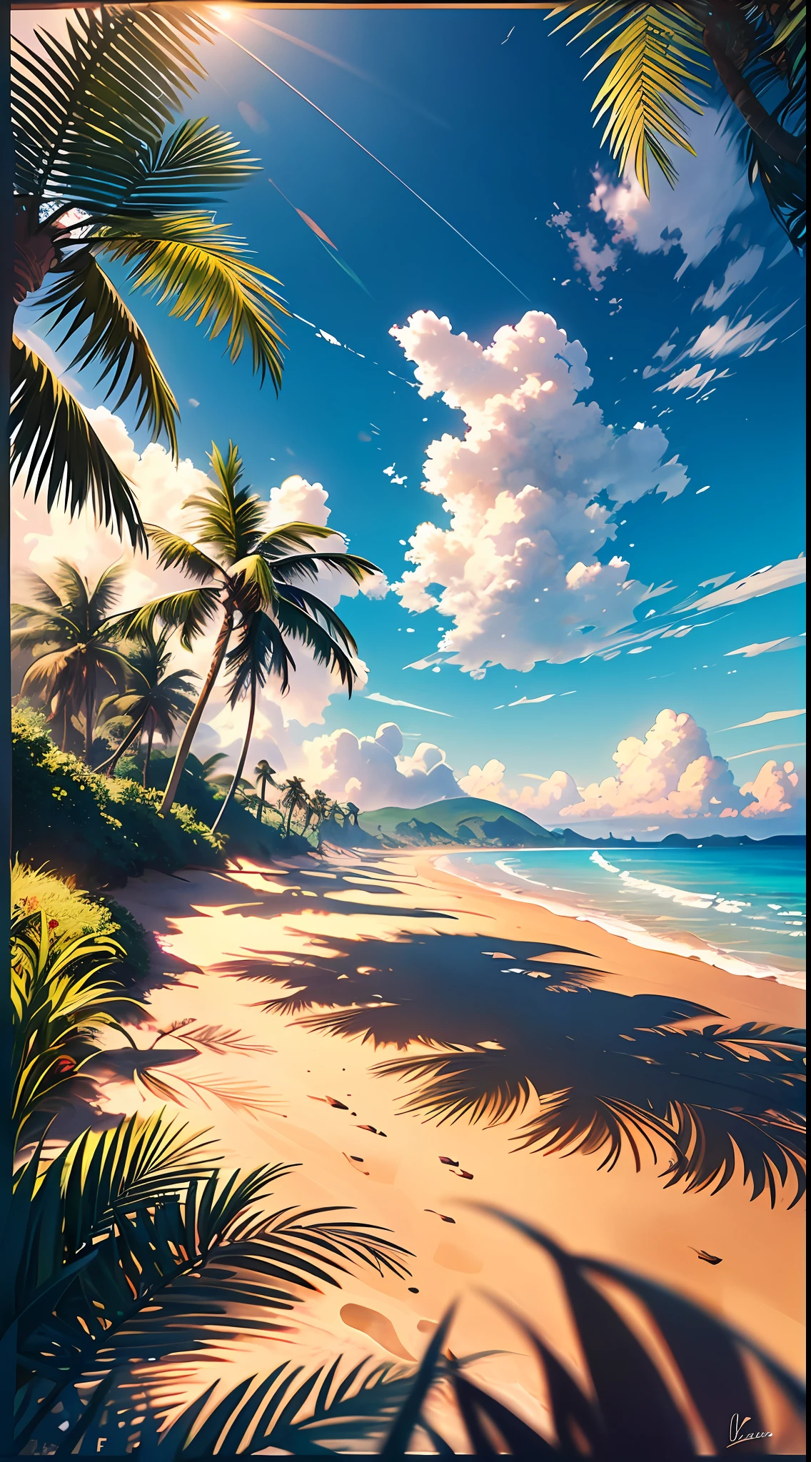 A vast landscape photo that captures stunning views of the beach, blue skies and the open countryside of the coastline below. On the golden sand, a girl barefoot and looking up. The bright sun (1:2) shines brilliantly in the sky, scattering golden rays throughout the scene. There are many coconut trees growing on the shore. In the distance, distant mountains can be seen along the coast, adding to the sense of tranquility. BREAK Crafting Art Tropical trees surround the beach, providing soft shadows and a picturesque natural frame. Warm sunlight (1.2) bathes the scene, creating a vibrant color palette where purple and orange tones blend harmoniously. The intricate details and volumetric lighting BREAK (masterpiece: 1.2) highlight the amazing beauty of this place. The image quality is 4K, ultra-detailed, perfectly capturing every element. Dynamic composition (1.4) gives movement and fluidity to the image, while vivid colors and rainbows (1.2) add a magical touch. The brightness of the sun reflected in the water and atmospheric illumination create a dreamy and tranquil atmosphere. The soil (1.2) is rich in detail and texture that conveys the feeling of walking on the warm sands of the beach.