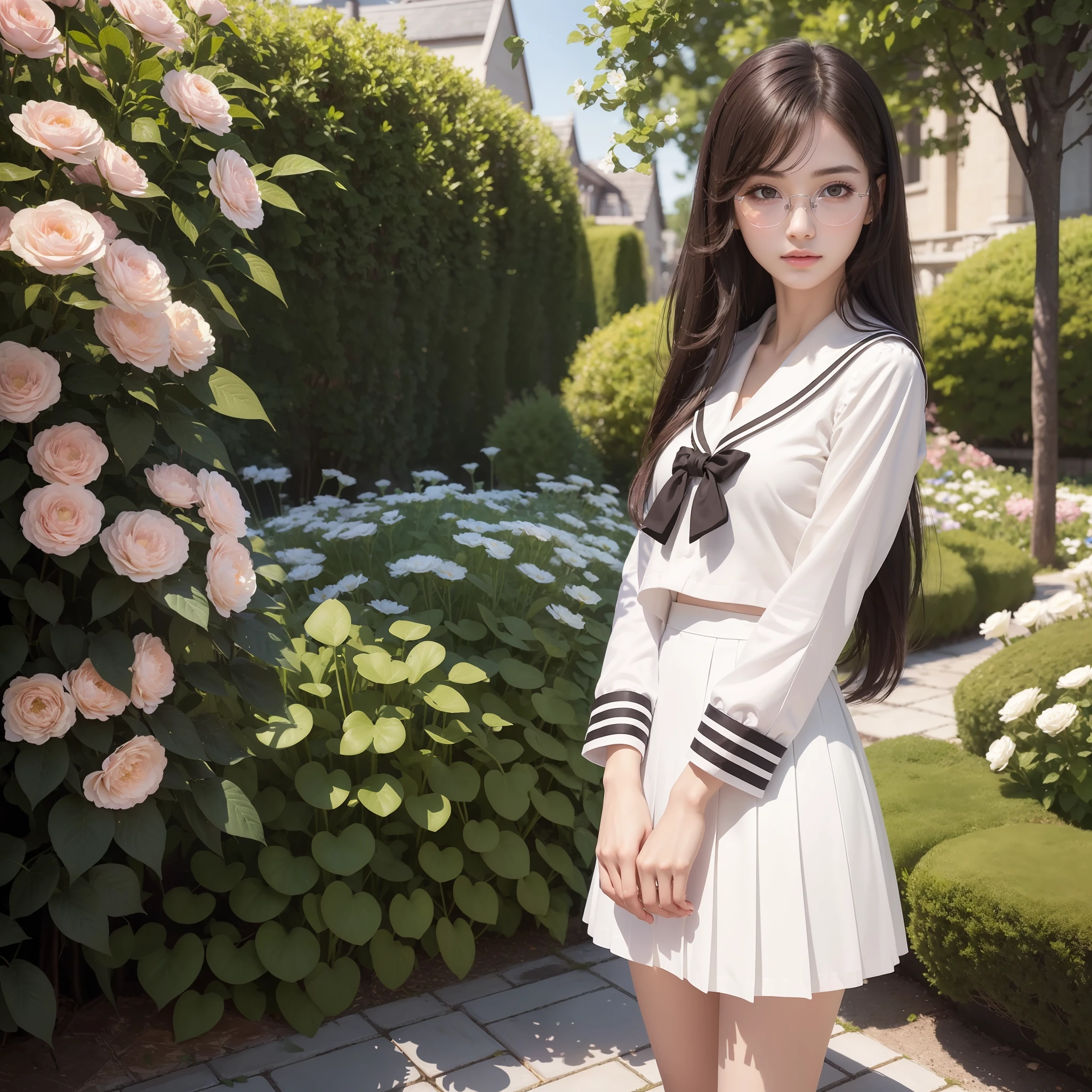 (Highly detailed CG unity 8k wallpaper), (masterpiece), (best quality), (super detailed), (best illustration), (best shadow), (photorealistic: 1.5), (PureErosFace_V1:0.5), glasses, real human skin, lens flare, shade, backlit, flowers, depth of field, natural light, hard focus, film grain, staring at the viewer, one girl, 21 years old, solo, skinny, pale skin, soft lips, (light eyebrows: 1.4), shiny brown eyes, black very long straight hair, small breasts, beautiful detailed sky, detailed west garden (crowd: 1.2), sunshine, (blushed), beautiful detailed eyes, white Japan uniform, sailor suit, dark red pleated skirt, sneakers