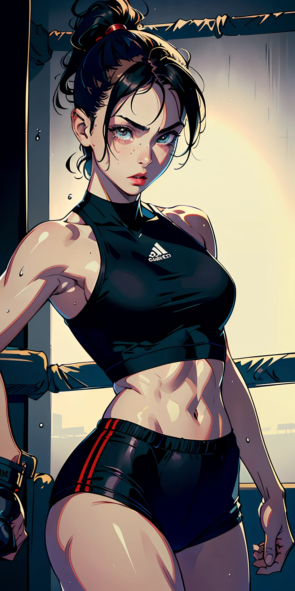 (original) , (very detailed wallpaper) , (best quality) , (masterpiece) , photographic reality, realistic, very detailed illustrations, (1 girl) , beautiful eyes, (delicate face) , perfect detail, (best lighting) , (super complex details) ,
(boxing girl) , (aggressive punching) , sweat, heavy breathing, (oppressive attack) , (boxing ring) , athletic shorts, perfect detail, perfect fingers, perfect limbs, impact, (shiny skin) , abs, muscles, waistline,boxing shorts, fist fight, black hair, high ponytail, very long hair,
4K unified, (super detailed CG: 1.2) , (8K: 1.2) , realistic, octane rendering