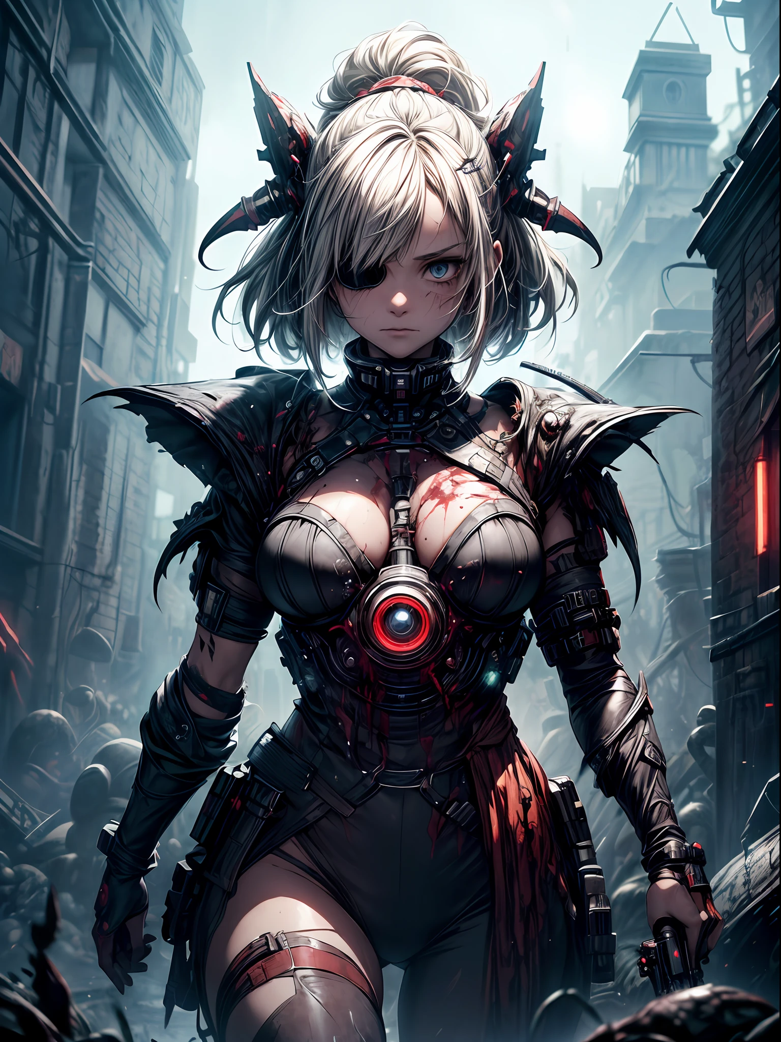 high contrast, (8K UHD:1.2), (photorealistic:1.2),(masterpiece:1.4), (best quality:1.4),extremely detailed wallpaper, highly detailed illustrations, (1 Girl), (best lighting) , (super-complex details) , 4K unified, (super-detailed CG: 1.2) , (8K: 1.2),(original), (masterpiece) , (best quality),(Masterpiece:1.4),Anime-ish high quality, (((high resolution))),(masterpiece,8k, best quality,polished image), absurdres, (best quality, intricate details, 1girl, solo,dark fantasy,), (holding_pistol + (trigger_discipline:1.4) + ((aiming pistol at viewer):1.3)++), red, silent hill, bloodborne, 4k unity, blood, Blood fog, Splashing blood, red streaks, ((dark fantasy, Alien,horror, cyberpunk)),red, eyepatch, lovecraftian, complicated epic action background, (science fiction,cyber, horror, guro, body horror:1.5, upper body,Hires:1.4, ultradetailed), black and white Speedpaint, large brush strokes , (Junji Ito, Ismail Inceoglu, M.W. Kaluta, richard anderson, bloodborne), paint splatter, red and blue ink, anime,masterpiece, trending on artstation, horror, terrifying, portrait painting of an adorable young scary, violent, russian woman in whimsical & endearing style, dark fantasy scifi concept art ,horror, Gustave Dore, Greg Rutkowski,HDR by industrial light and magic, cute, kawaii,cinematic background,((biopunk, biochemical:1.4)), fantastical, , cool, badass,( well endowed, voluptuous,psychedelic),Hyperdetailed, silhouette, standing, (light particles), grass, space, night sky, (fish-eye lens)