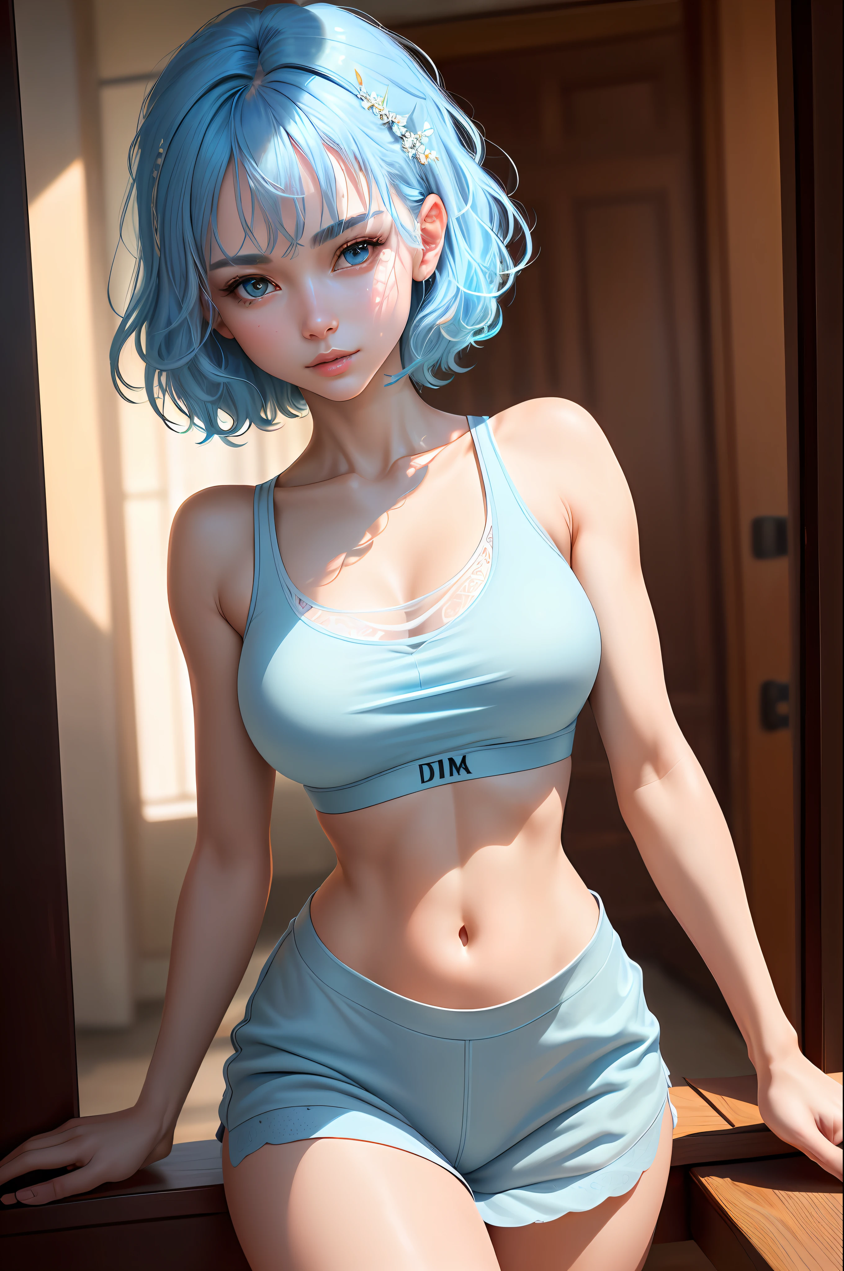 masterpiece, best quality, high quality, High definition, High quality texture, High quality shadow, high detail, beautiful detailed, finely detailed, extremely detailed cg, detailed texture, a realistic representation of the face, realistic, colorful, delicate, Cinematic Light, sidelighting, Lens Flare, Ray tracing, sharp focus, (1girl, __focus__:1.3), (intricate details, makeup, PureErosFace_V1:0.5), (detailed beautiful delicate face, detailed beautiful delicate eyes, a face of perfect proportion, high detailed skin, detailed skin, best ratio four finger and one thumb, arms under breast, wide hips, smooth midriff, skinny and thin, tank top fashion, light blue hair:1.3), bar room location