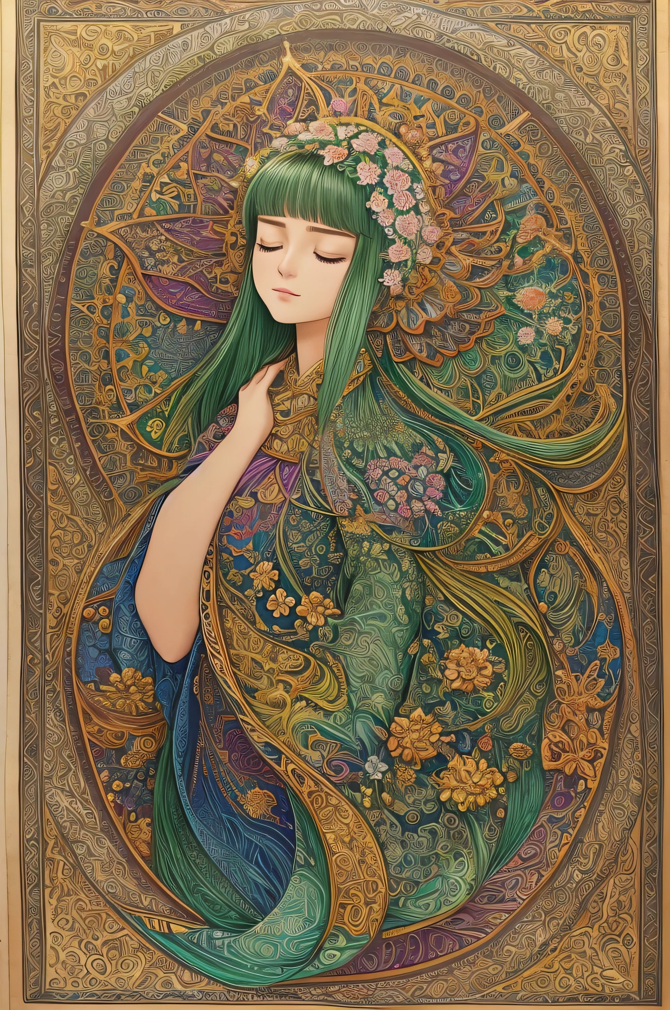 (masterpiece, top quality, best quality, official art, beautiful and aesthetic: 1.2), (1girl: 1.3), very detailed, (fractal art: 1.2), leafy, most detailed, (zentangle: 1.2), (dynamic pose), (abstract background: 1.5), (traditional clothing: 1.2), (shiny skin), (various colors: 1.4), upper body, eyes closed, head slightly bowed