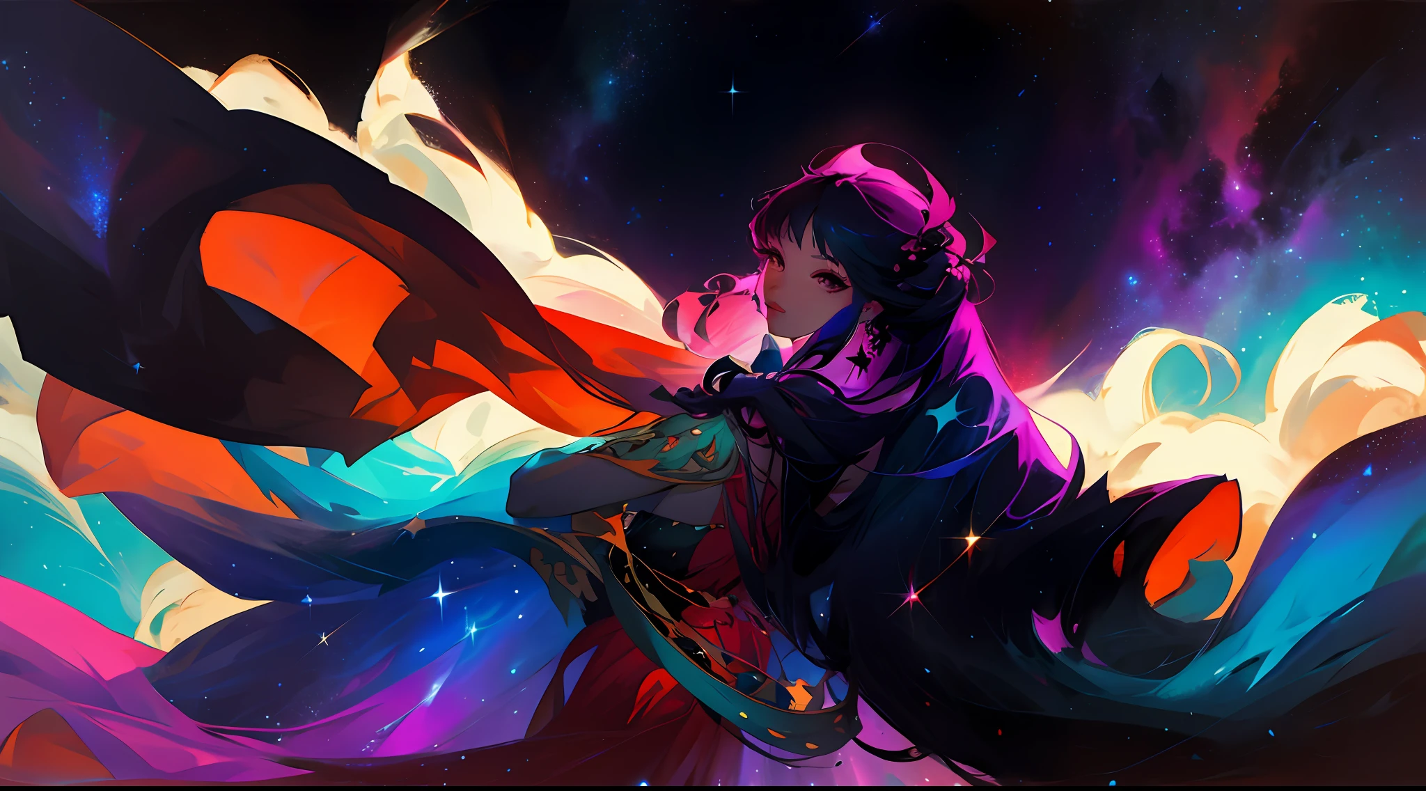 a sensual woman, wildly long hair, colored sensual dress, cosmic nebulas and stars background, night, darkness