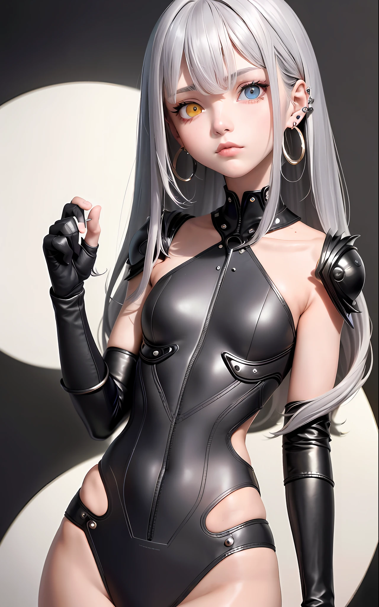 Best, Masterpiece, High Resolution, Best Quality, Ultra HD, Super Detail, Award-Awarded, 16k, (Upper Body), Beautiful Girl, Gray Hair, Hair Strands, ((Heterochromia)), Hanging Eye Corners, Fair Skin, (Small), (Slim Body), ((Protective Clothing)), Stud Earrings, (Neck Rings), (Short Glove with Four Fingers and One Thumb Best Proportion)