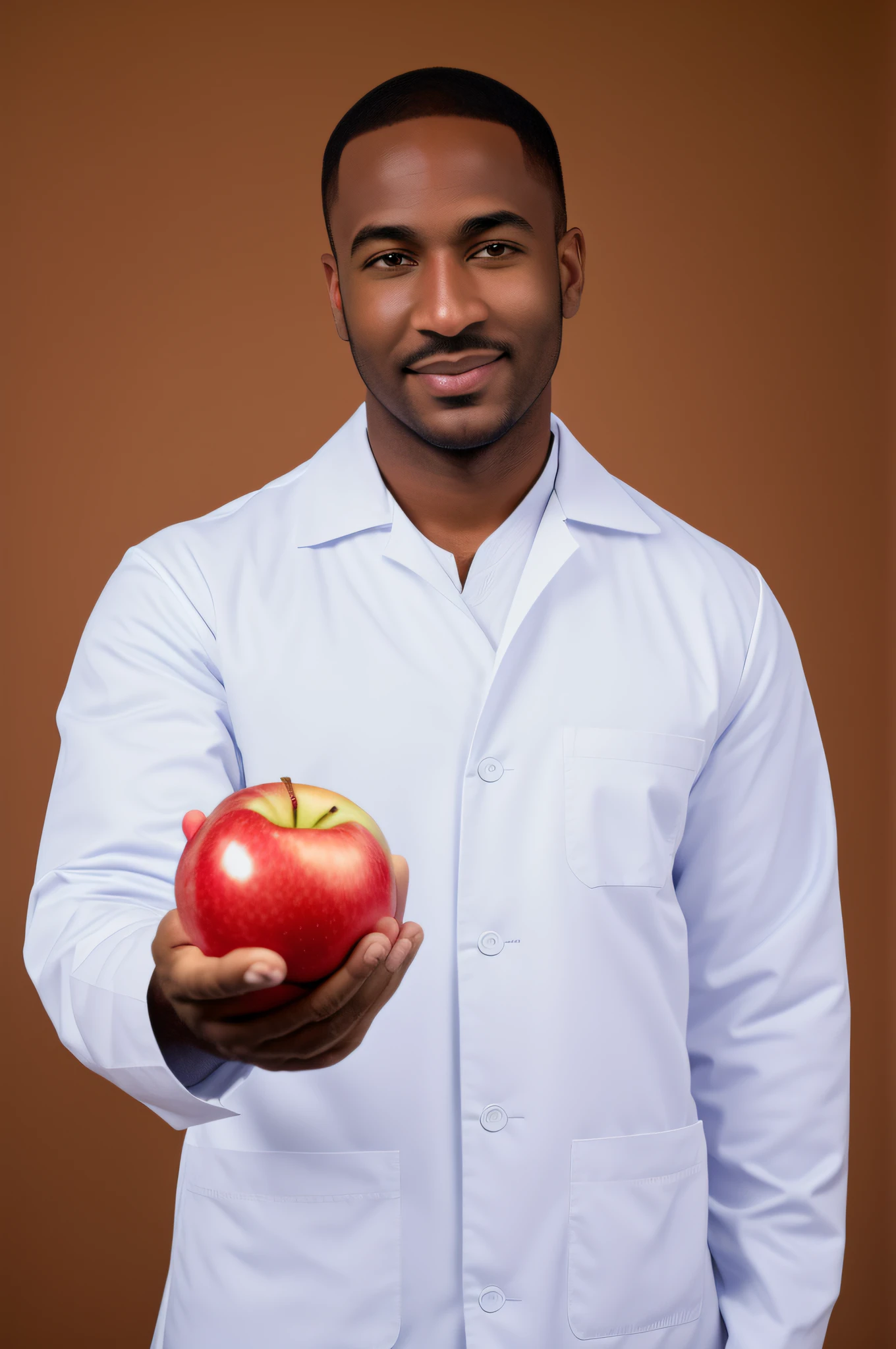 arafed man in a lab coat holding an apple, holding an apple, one holds apple in hand, confident holding vegetables, an apple, with apple, wearing a white lab coat, professional image, male physician, man is with black skin, medical photography, on a dark background, health supporter, wearing lab coat, advertising photo, medical doctor, stock photo