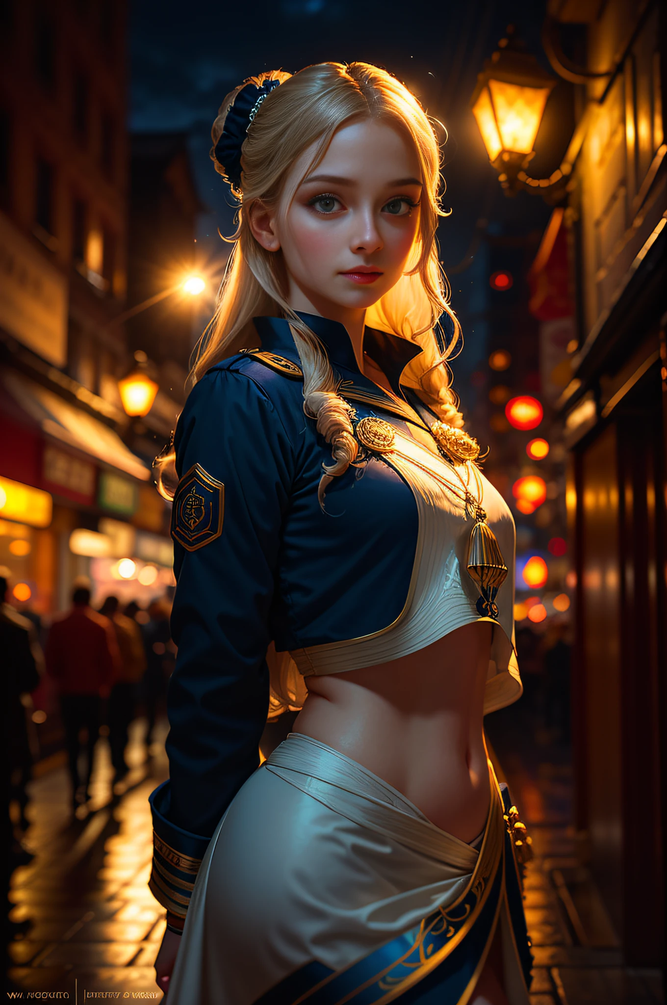A beautiful girl wearing sailor suit on the bustling streets of Gintama, surrounded by vendors, beautiful portrait of a stunning goddess girl, beautiful detailed face, porcelain skin,(princess eyes,round pupils,shiny pupils,blue pupils:1.3,night,navel:1.1,street lamps,neons,strong neon lighting), (half body shot), centered, ultra soft lighting, symmetry, intricate, elegant, highly detailed, photorealistic, artstation, concept art, smooth, as imagined by greg rutkowski, 4k textures, soft cinematic light, adobe lightroom, photolab, hdr, intricate, highly detailed, ray traced, photorealistic, fine details, subsurface scattering, key light, backlight, sharp focus, soothing tones, low contrast, exposure blend