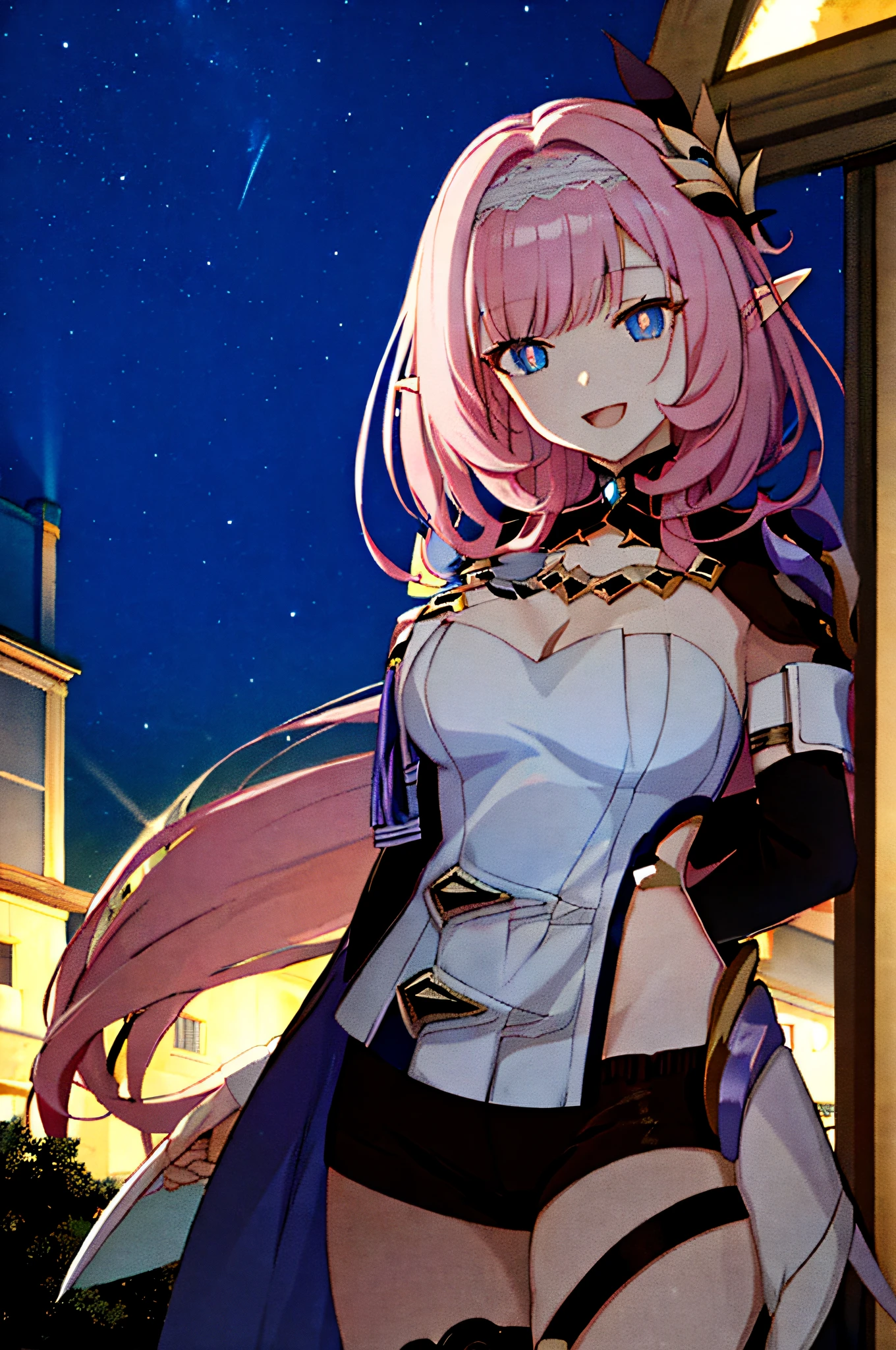 (Realistic painting style:0.9), masterpiece, best quality,  absurdres, elysia (miss pink elf) (honkai impact), slit pupils, elysia (honkai impact), elf, pointy ears, 1girl, breasts, cleavage, pink hair, solo, hair ornament, smile, blue eyes, long hair, looking at viewer, open mouth, bangs, :d, sky, star (sky), black shorts, large breasts, starry sky, shorts, night sky, arms behind back, night, long sleeves, pink pupils