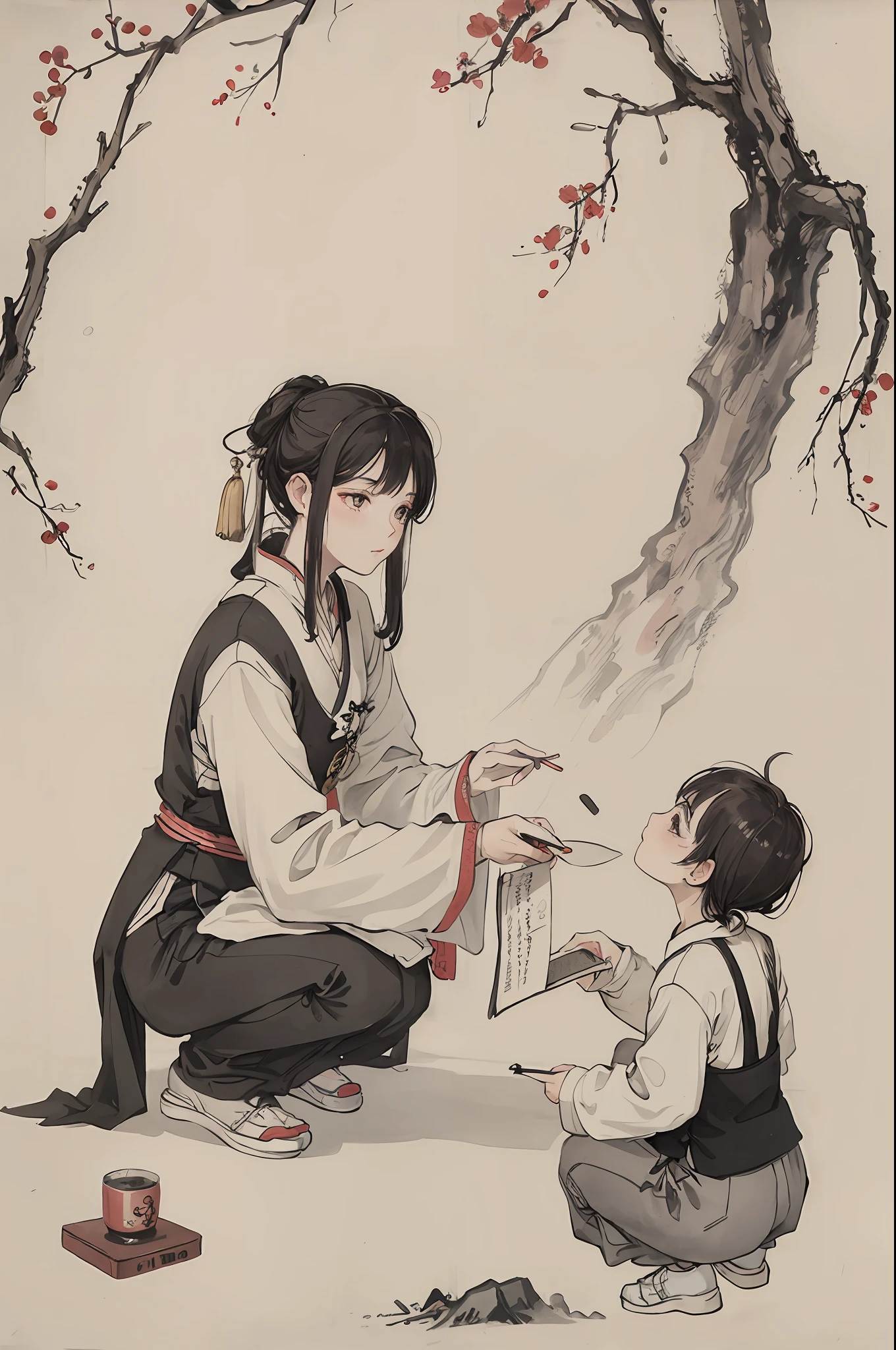 (masterpiece, best quality: 1.2), traditional Chinese ink painting, two children