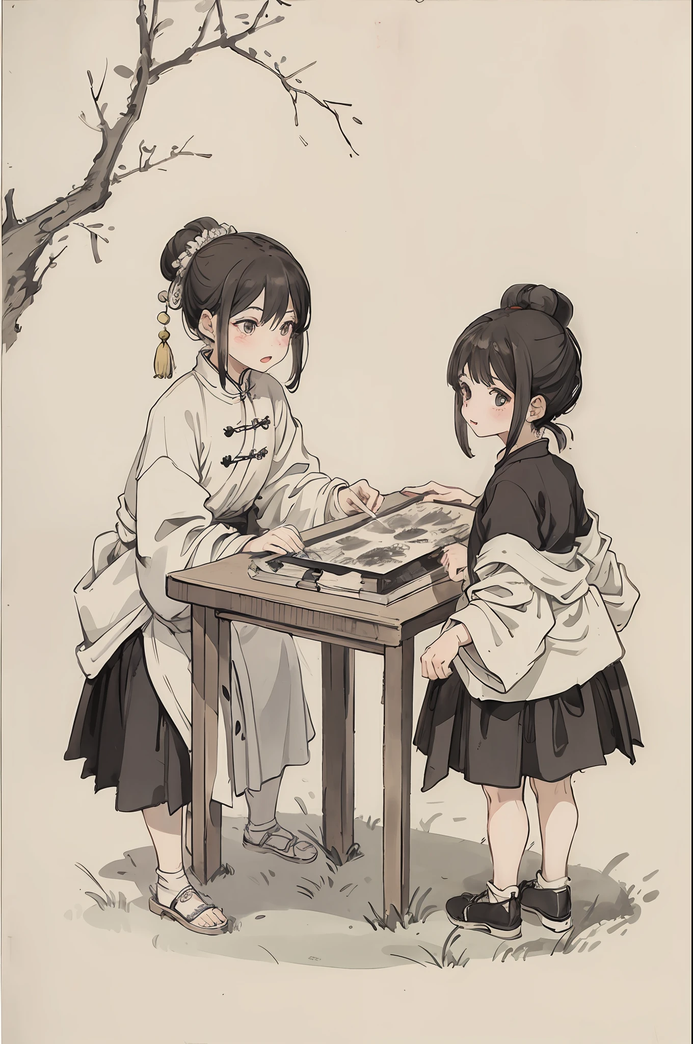 (masterpiece, best quality: 1.2), traditional Chinese ink painting, two children