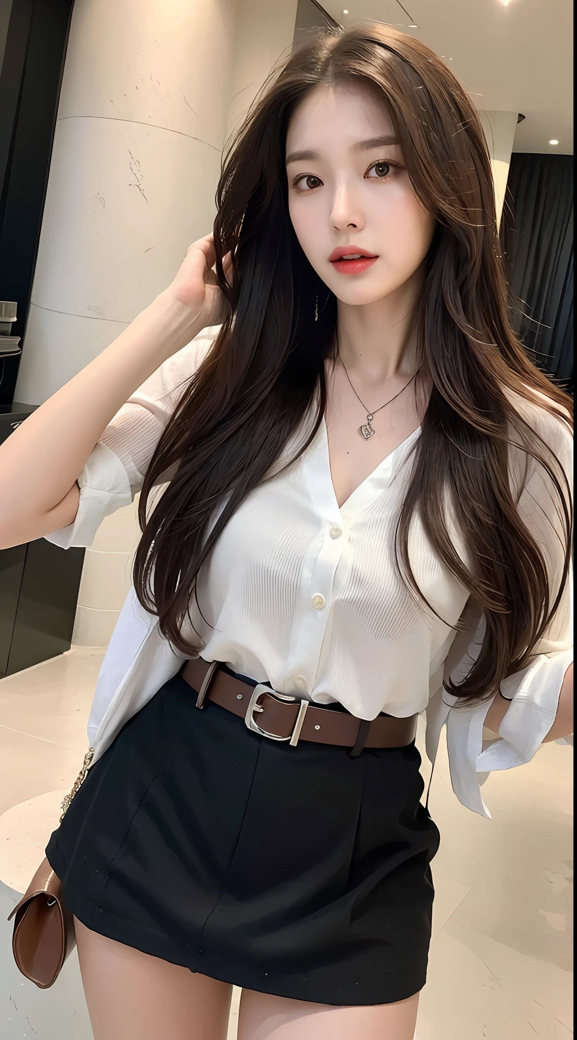 (Best quality, High resolution, Masterpiece :1.3), A tall and pretty woman, Slender abs, Dark brown hair styled in loose waves, Breasts, Wearing pendant, White button up shirt, Belt, Black skirt, (Modern architecture in background), Details exquisitely rendered in the face and skin texture, Detailed eyes, Double eyelid
