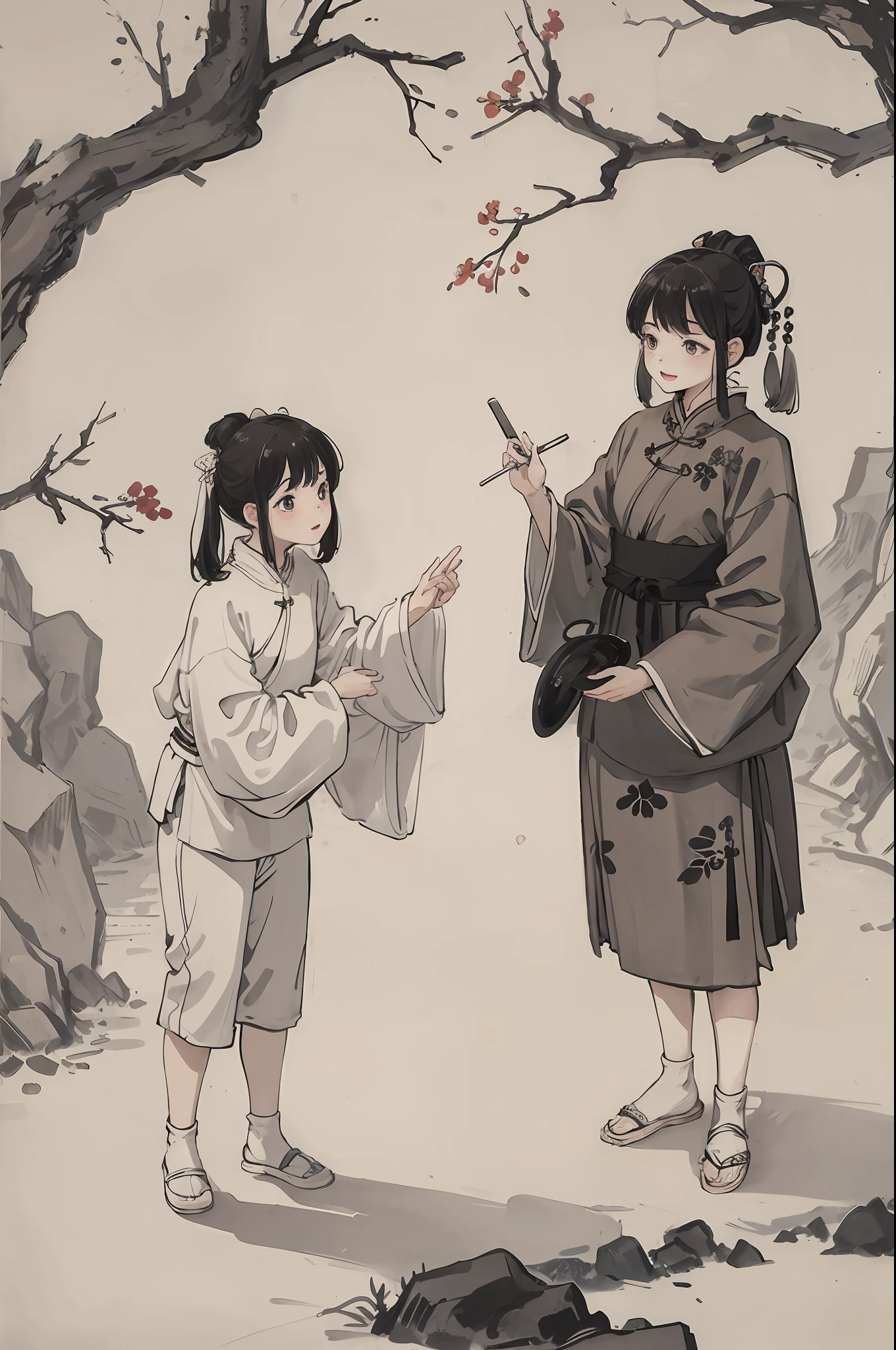 (masterpiece, best quality: 1.2), traditional Chinese ink painting, two children