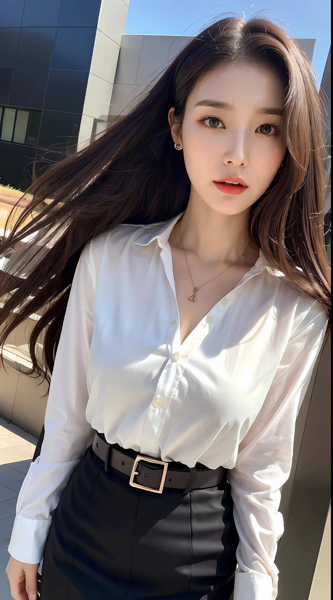 (Best quality, High resolution, Masterpiece :1.3), A tall and pretty woman, Slender abs, Dark brown hair styled in loose waves, Breasts, Wearing pendant, White button up shirt, Belt, Black skirt, (Modern architecture in background), Details exquisitely rendered in the face and skin texture, Detailed eyes, Double eyelid