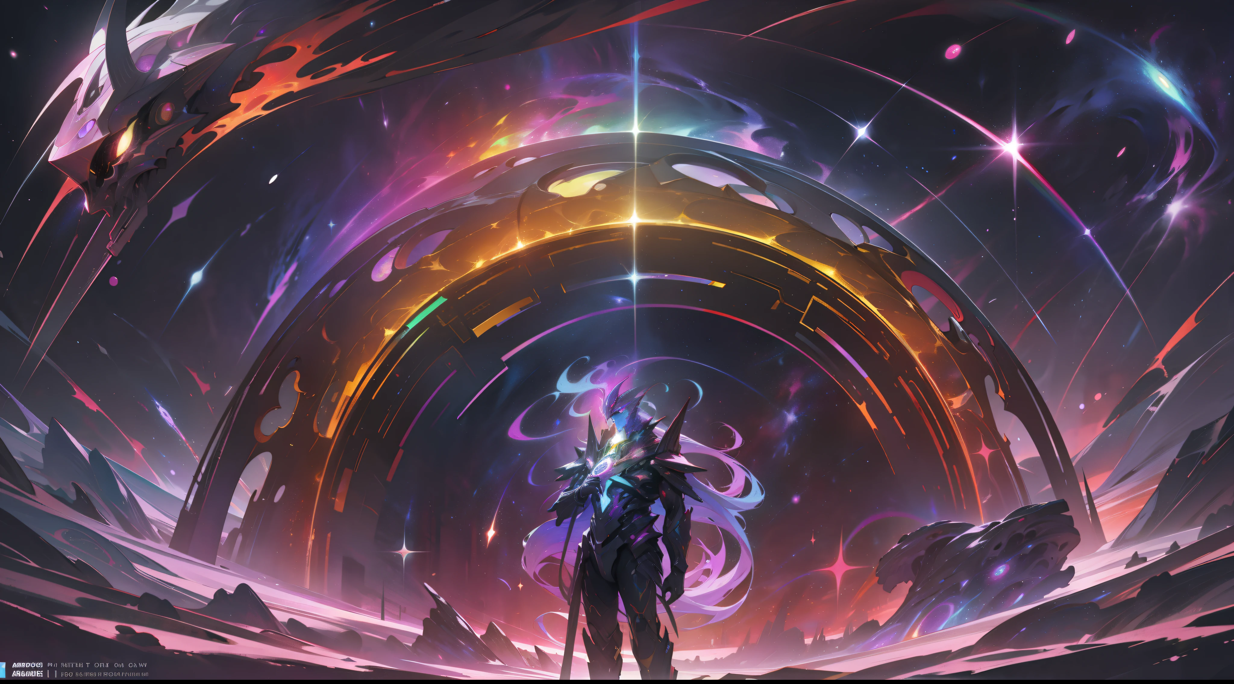 a rainbow colored creature, rainbow colored cosmic nebula background, stars, galaxies, cosmic horror