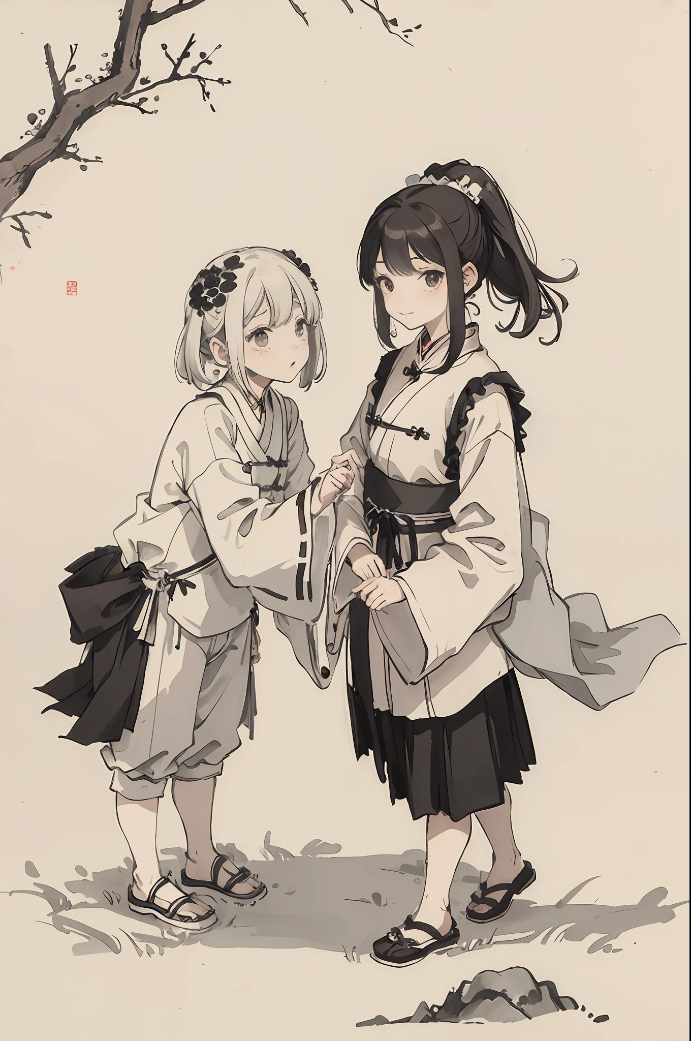 (masterpiece, best quality: 1.2), traditional Chinese ink painting, two