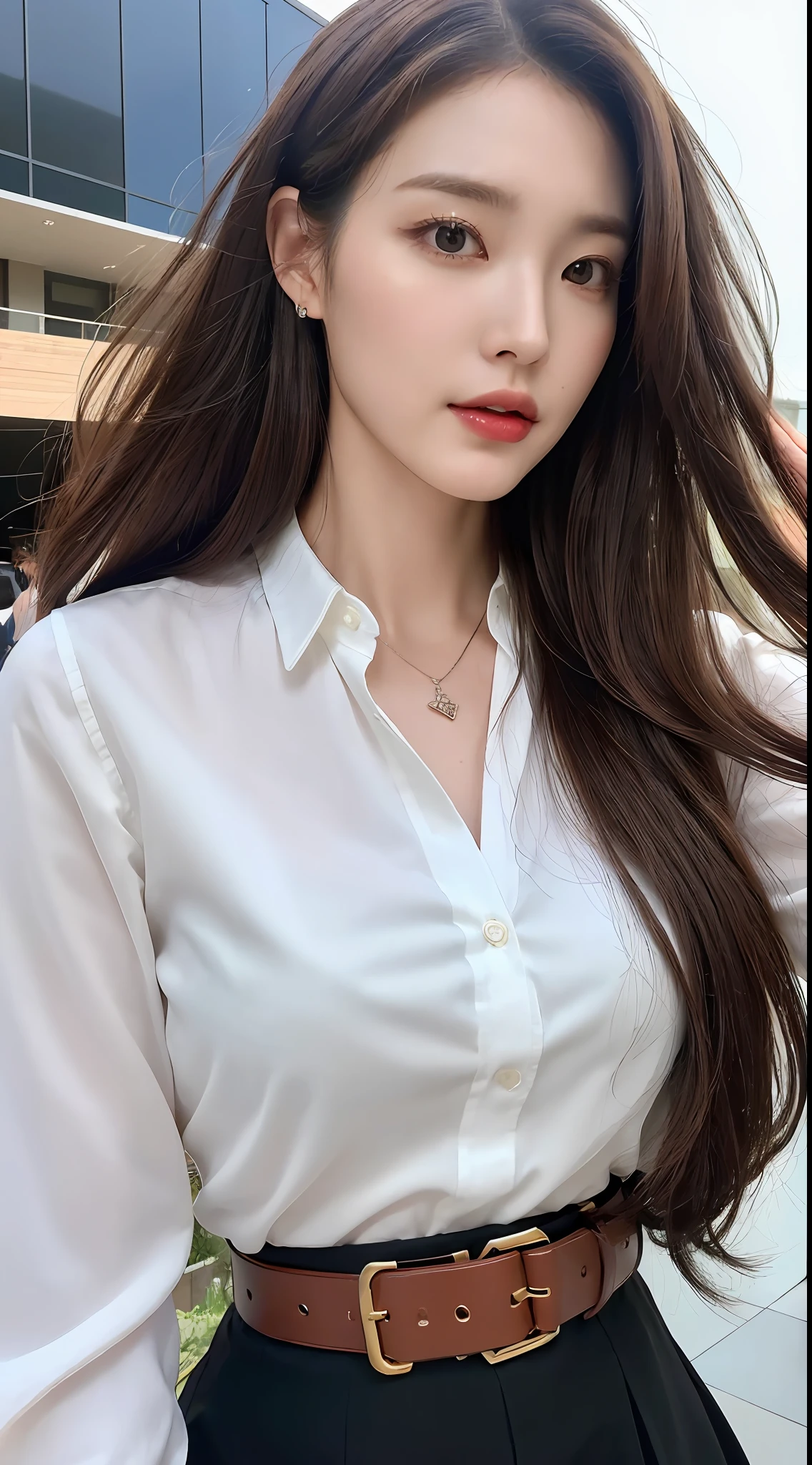 (Best quality, High resolution, Masterpiece :1.3), A tall and pretty woman, Slender abs, Dark brown hair styled in loose waves, Breasts, Wearing pendant, White button up shirt, Belt, Black skirt, (Modern architecture in background), Details exquisitely rendered in the face and skin texture, Detailed eyes, Double eyelid