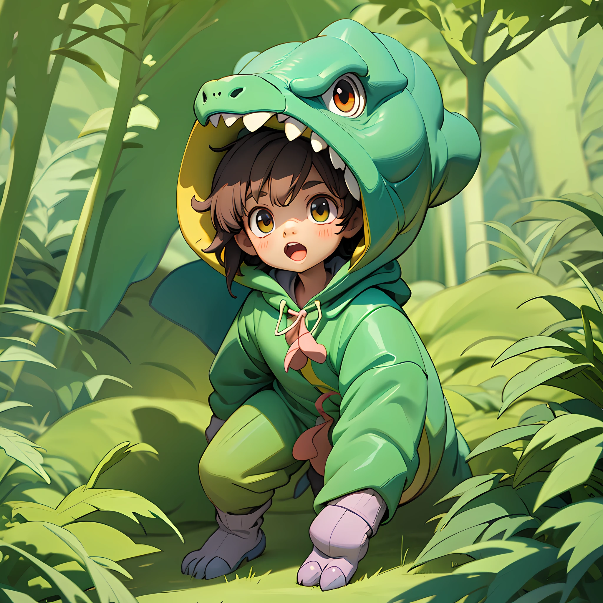 Cute cartoon boy wearing little dinosaur hooded costume dinosaur head is a hat