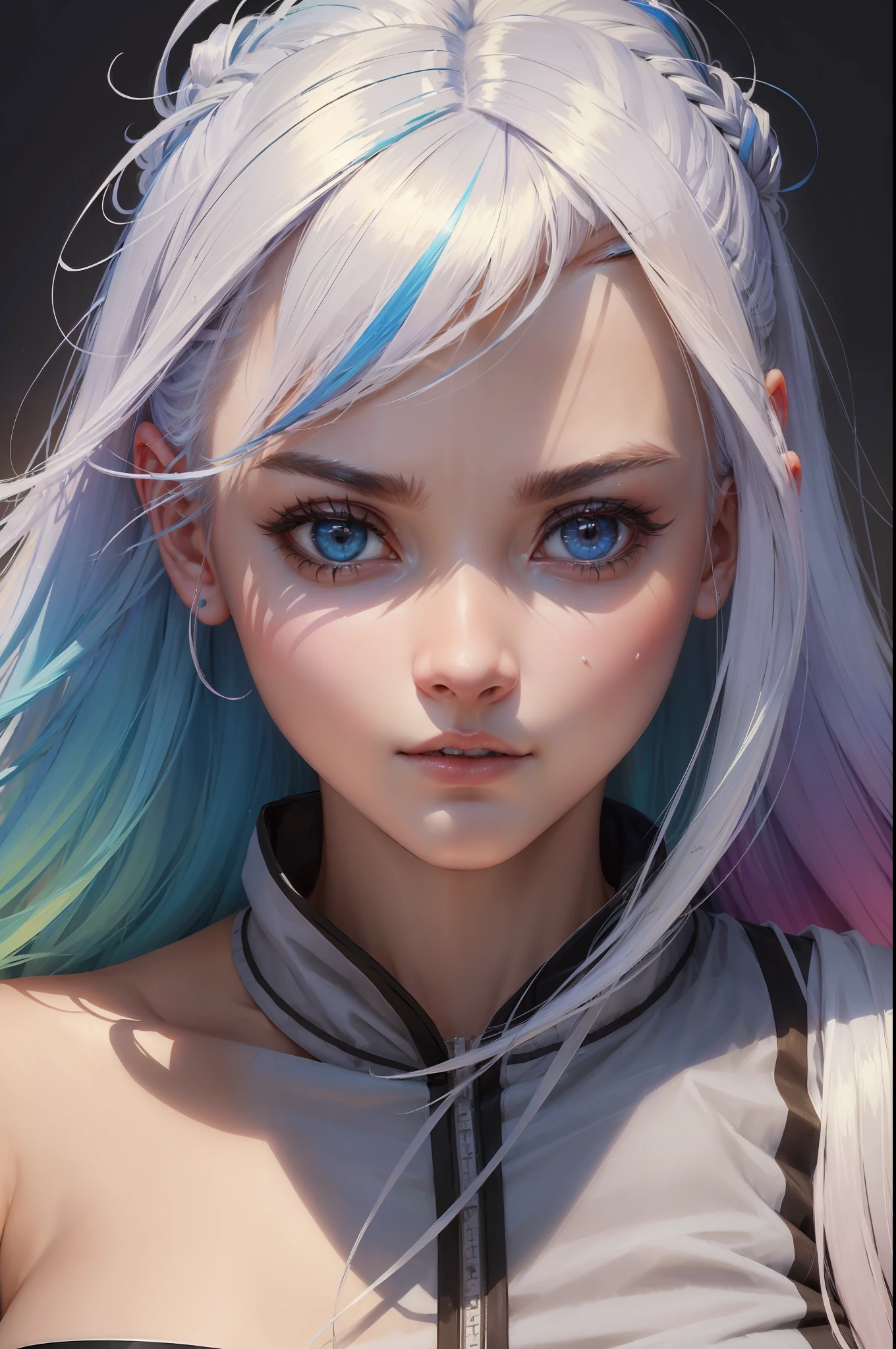 ((high quality, masterpiece:1.4)), 1girl, upper body, gym clothes, white hair, rainbow colored hair, gradient hair, pretty face, beautiful face, beautiful eyes, beautiful girl, pretty girl, perfect facial shape, absurdres, realistic proportions, dynamic pose, high details, intricate, intricate details, realistic eyes, realistic eye proportions, sharp focus, 32k, realistic lighting, extreme details, realistic pupils, realistic proportion eyes, realistic proportions pupils, realistic shadows, evafie