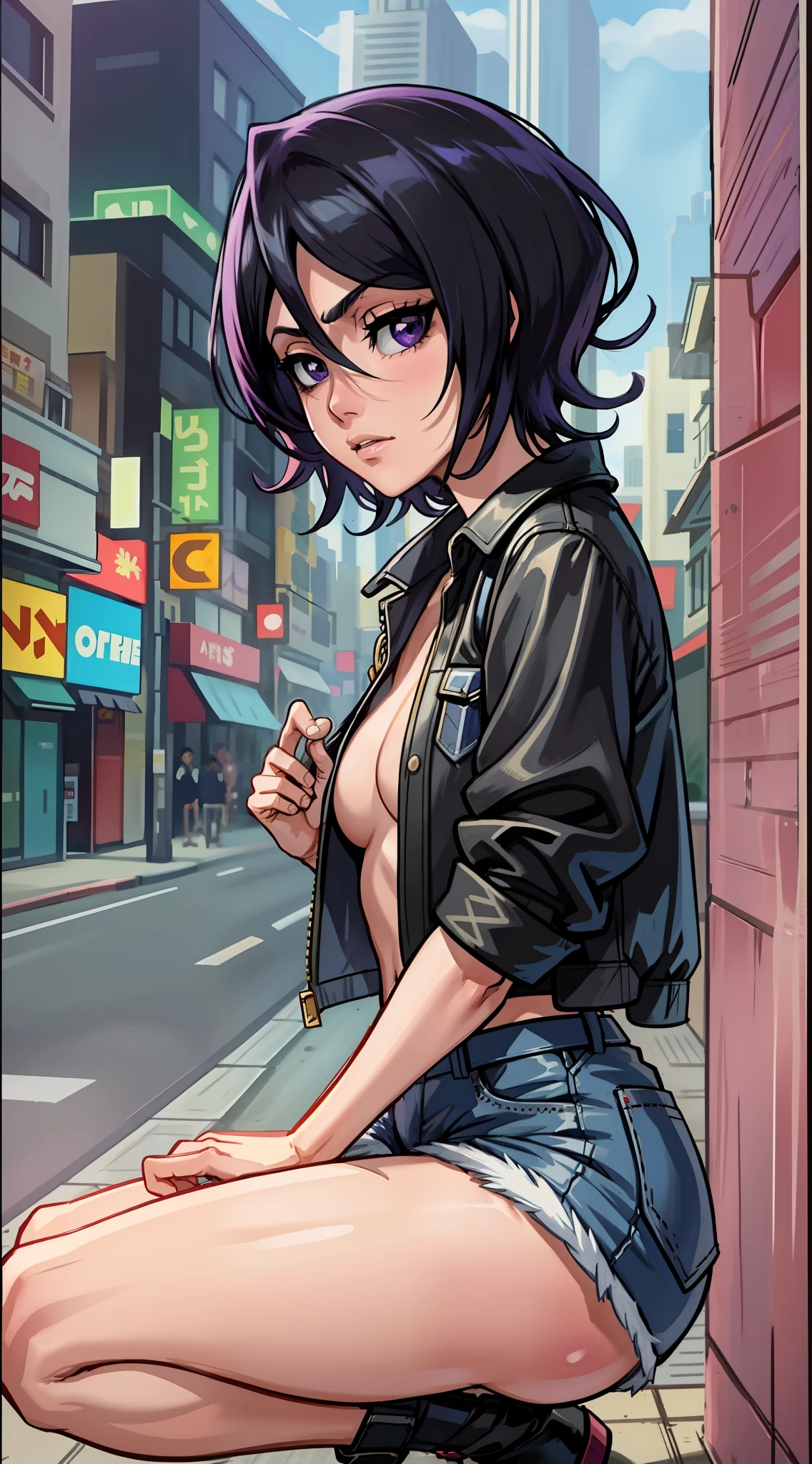 anime screencap, city, 1girl, solo, short hair, black hair, purple eyes, looking at the viewer, hair between eyes, lustful, closed mouth, ass, wide hips, short top, short shorts, unbuttoned shorts, squatting, legs apart, erotica, back