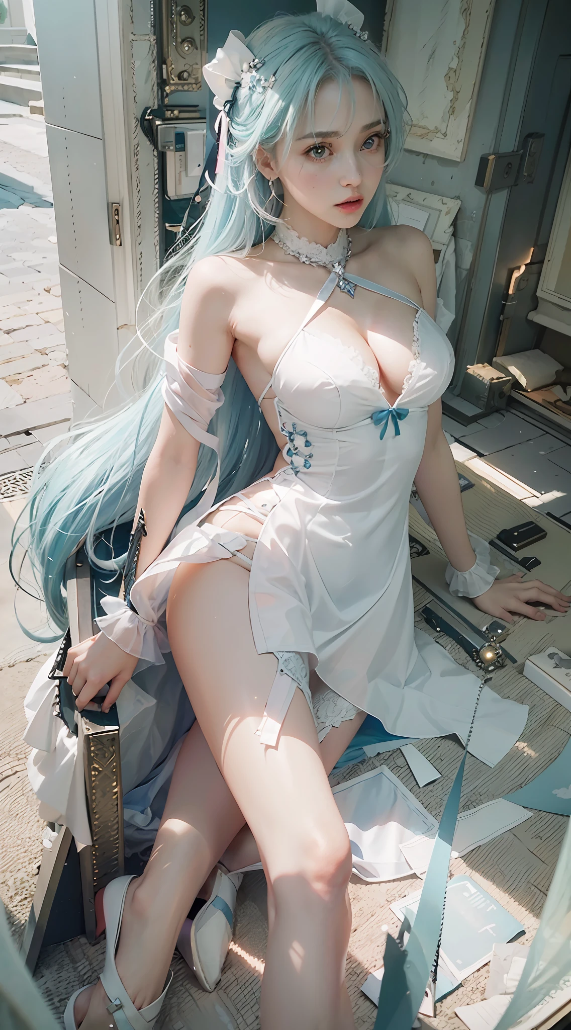 ((Best Quality)), ((Masterpiece)), (Details: 1.4), 3D, A Beautiful Beauty, (Long Light Blue Hair, Ribbon: 1.9), (Plain White Long Dress: 1.7), (Crystal High Heels: 1.6) (Green Eyes: 1.5), HDR (High Dynamic Range), Ray Tracing, NVIDIA RTX, Super-Resolution, Unreal 5, Subsurface Scattering, PBR Textures, Post-processing, Anisotropic filtering, depth of field, maximum sharpness and sharpness, multi-layer textures, albedo and specular mapping, surface shading, accurate simulation of light-material interactions, perfect proportions, Octane Render, bicolor light, large aperture, low ISO, white balance, rule of thirds, 8K RAW,