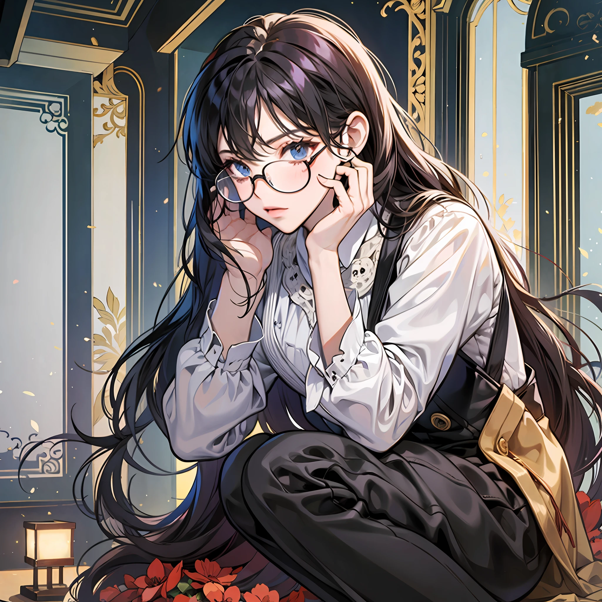 A slender girl with glasses squatting in the dark, staring intently at a figure, by Manhua --niji 5 --auto --s2