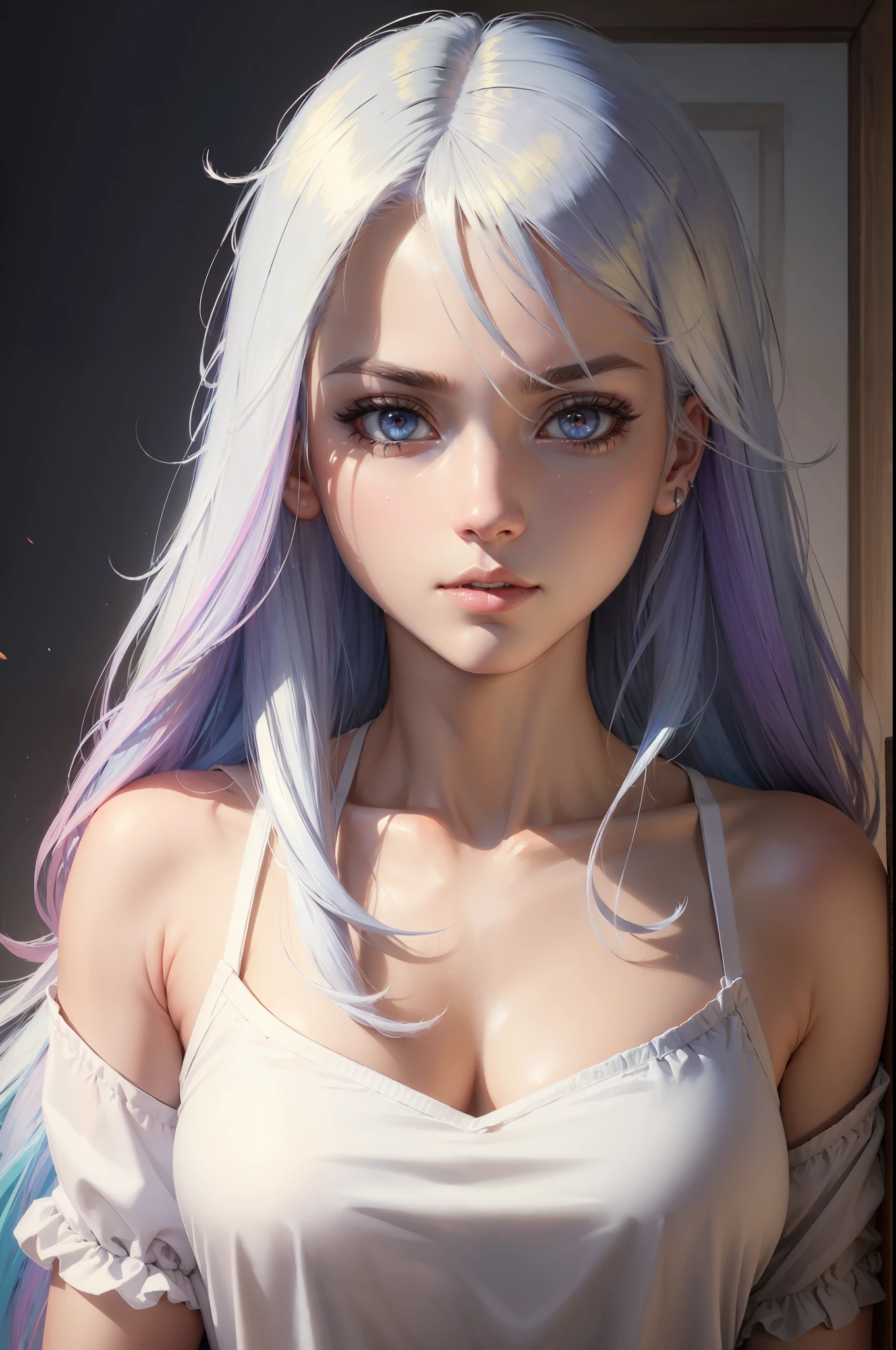 ((high quality, masterpiece:1.4)), 1girl, upper body, gym clothes, white hair, rainbow colored hair, gradient hair, pretty face, beautiful face, beautiful eyes, beautiful girl, pretty girl, perfect facial shape, absurdres, realistic proportions, dynamic pose, high details, intricate, intricate details, realistic eyes, realistic eye proportions, sharp focus, 32k, realistic lighting, extreme details, realistic pupils, realistic proportion eyes, realistic proportions pupils, realistic shadows, evafie