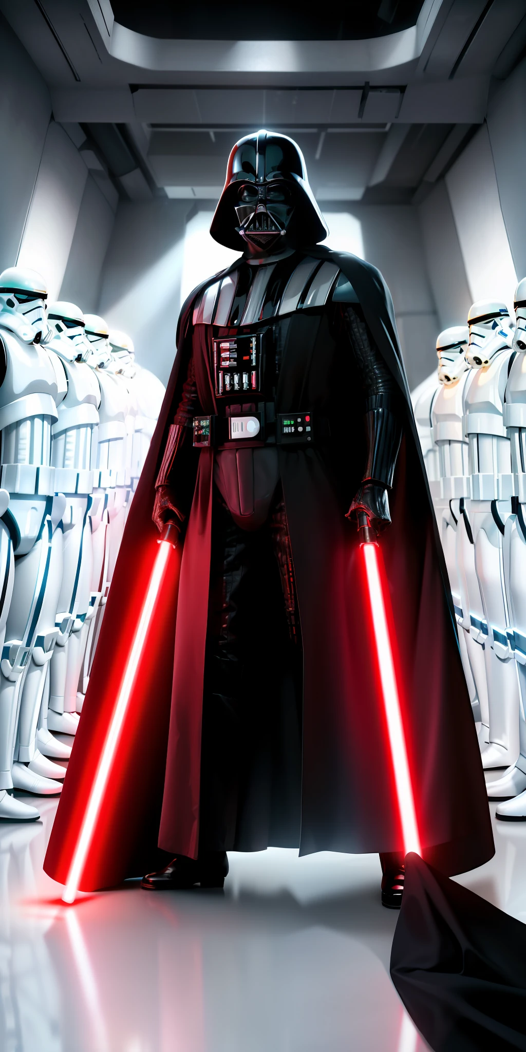 darth vader standing in front of a group of storm troopers in a room,
holding lightsabe in his hands, walking across a bunch of stormtroopers behind him,
Black_outfit,hood, hood_up, boots, darth vader helmet,cape,armor, shoulder armor, armored boots,  
glowing_sword, glowing_weapon,holding_sword, holding_weapon, hood, laser, lightsaber,holding a lightsaber,energy_sword, glowing, glowing_weapon,
darth vader,
1 Man, looking at viewer,(closed mouth:1.0),
NSFW,official art,extremely detailed CG unity 8k wallpaper, perfect lighting,Colorful, Bright_Front_face_Lighting,
(masterpiece:1.0),(best_quality:1.0), ultra high res,4K,ultra-detailed,
photography, 8K, HDR, highres, absurdres:1.2, Kodak portra 400, film grain, blurry background, bokeh:1.2, lens flare, (vibrant_color:1.2)