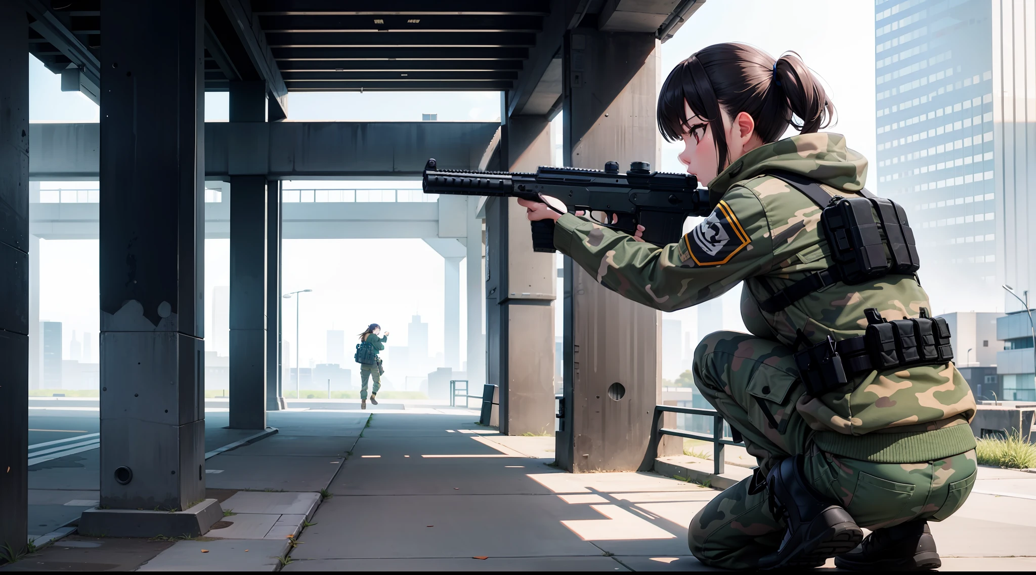 urban camouflage, urban battle, shooting, girls, CQB, high quality