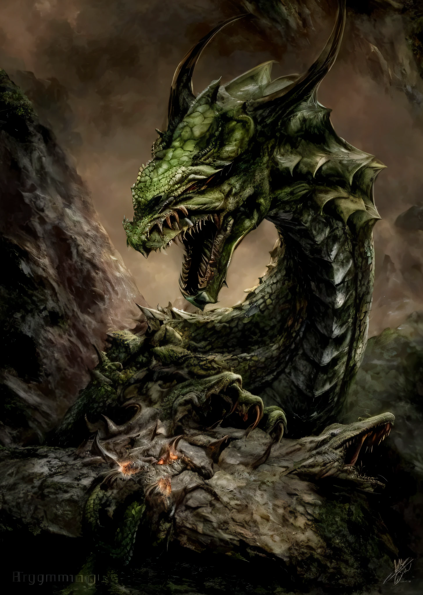 painting of a dragon with a large mouth and sharp teeth, dragon vore art, massive green dragon!!!, green dragon, giant dragon resting in a cave, jormungandr, dragon vore, large green dragon, curved horned dragon!, jörmungandr, hyperrealistic d & d fantasy art, dragon mawshot art, basilisk, wyvern