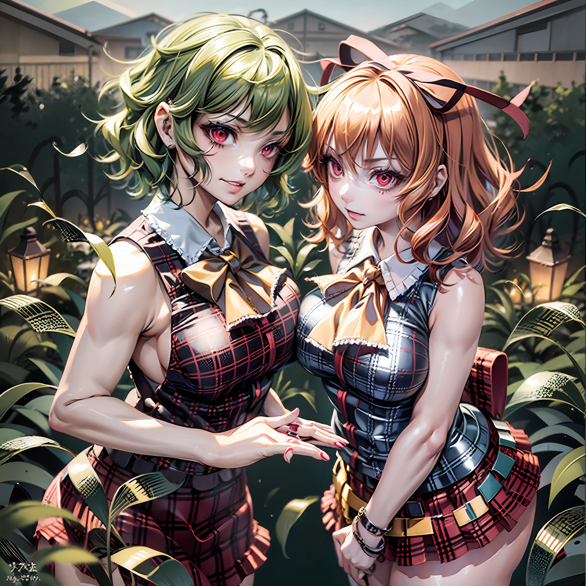 2girls, two girls, docking, (Medicine Melancholy, blonde hair, short hair, wavy hair, silver-blue eyes, thick eyelashes, red ribbon, red bow, black shirt, red skirt, bubble skirt, frilled skirt), (Kazami Yuuka, red eyes, green hair, short hair, smirk, seductive grin, plaid vest, plaid skirt) sunflower field, huge breasts, huge ass, thick thighs, wide hips, looking at the viewer, Medicine Melancholy and Kazami Yuuka docking breasts together,