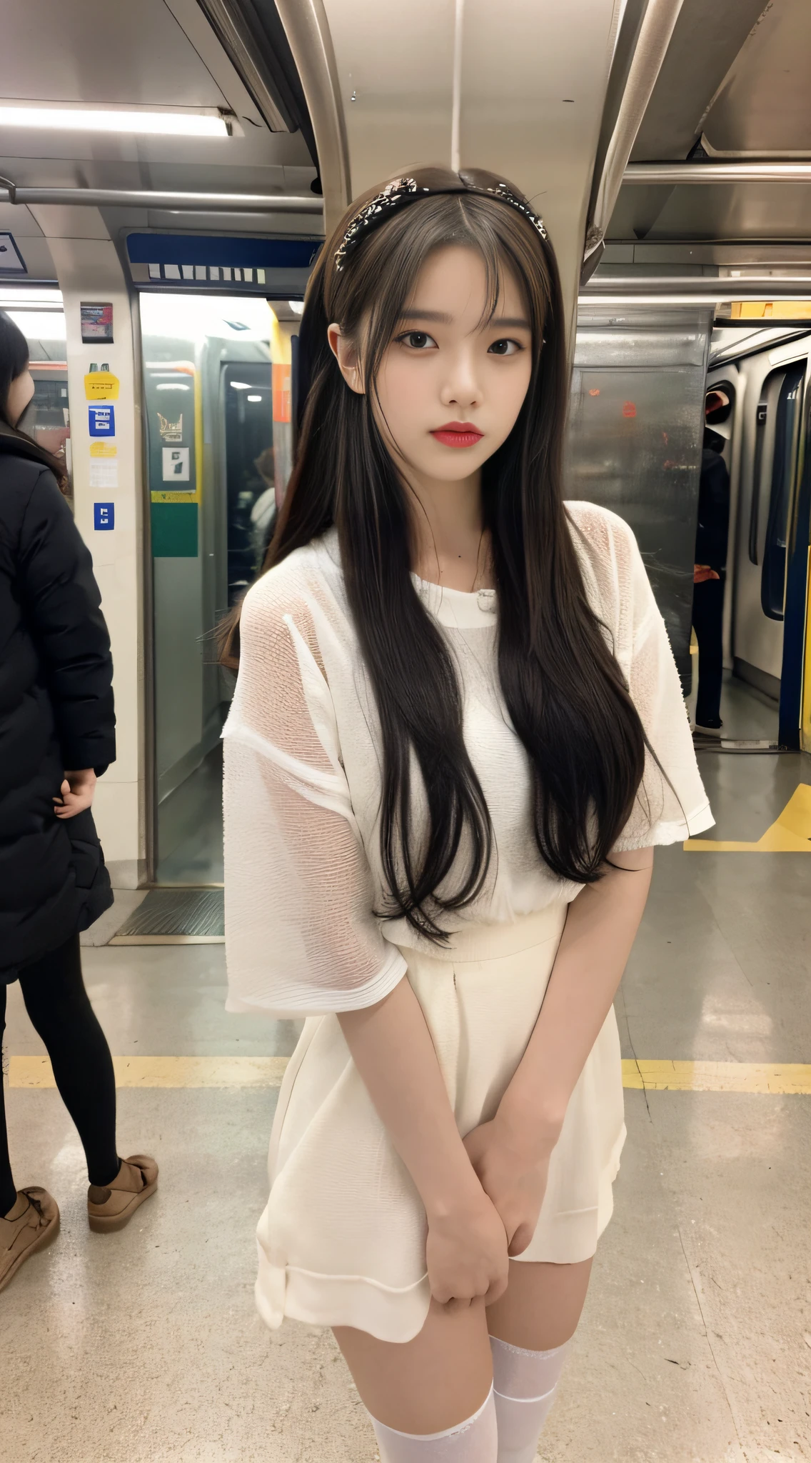 Best Quality, Masterpiece, Ultra High Resolution, (Lifelike: 1 Girl Girl.4 pieces), RAW Photo, (Subway Station Standing, (Hidden Hands)), 1 Girl Girl, Black Eyes, Looking at the Audience, Long Long Hair, Light Makeup, Lips, Small Ears, Earmuffs, On the Subway, Big, Elongated, Full Body, Bow, Masterpiece, Best Quality, Front View, White Stockings, Side Back, Slender Fingers, Normal Fingers