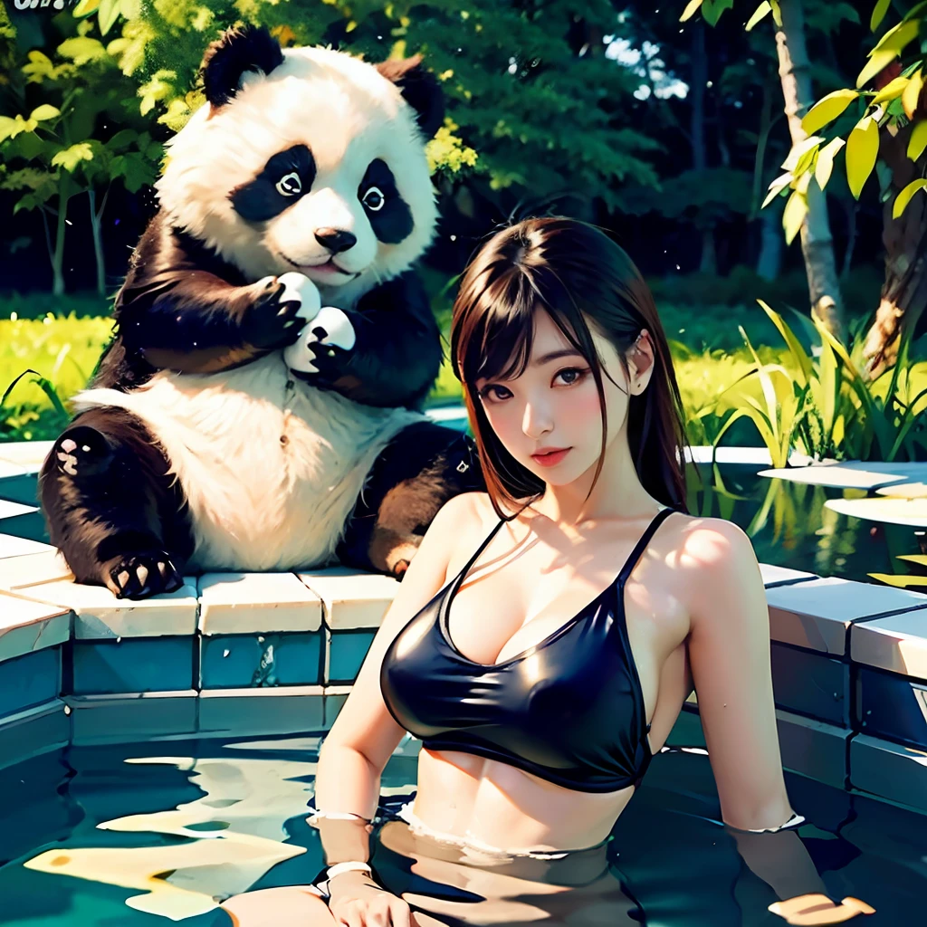 A panda and a foreign beauty in a swimsuit look at you in a pond