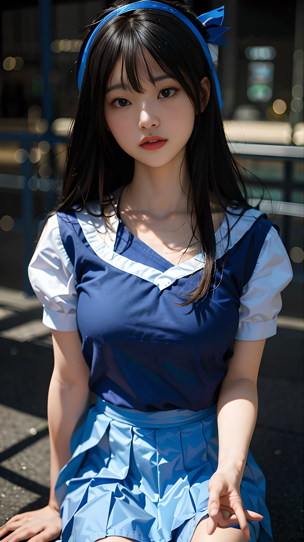 There is a woman sitting on the ground wearing a blue dress Japanese girl, blue tight T-shirt, short sleeves, wearing a cute top, wearing a shirt, sailor uniform, blue outfit, open V-chest dress, blue clothes, blue soft details, Japanese woman, short hair, close range, blue shirt, low angle shooting, low angle shooting, cute, very cute, showing cute expressions, rich details, Surrealism, drop shadow, anaglyph, stereogram, tachi-e, pov, atmospheric perspective, 8k, super detail, ccurate, best quality, highres